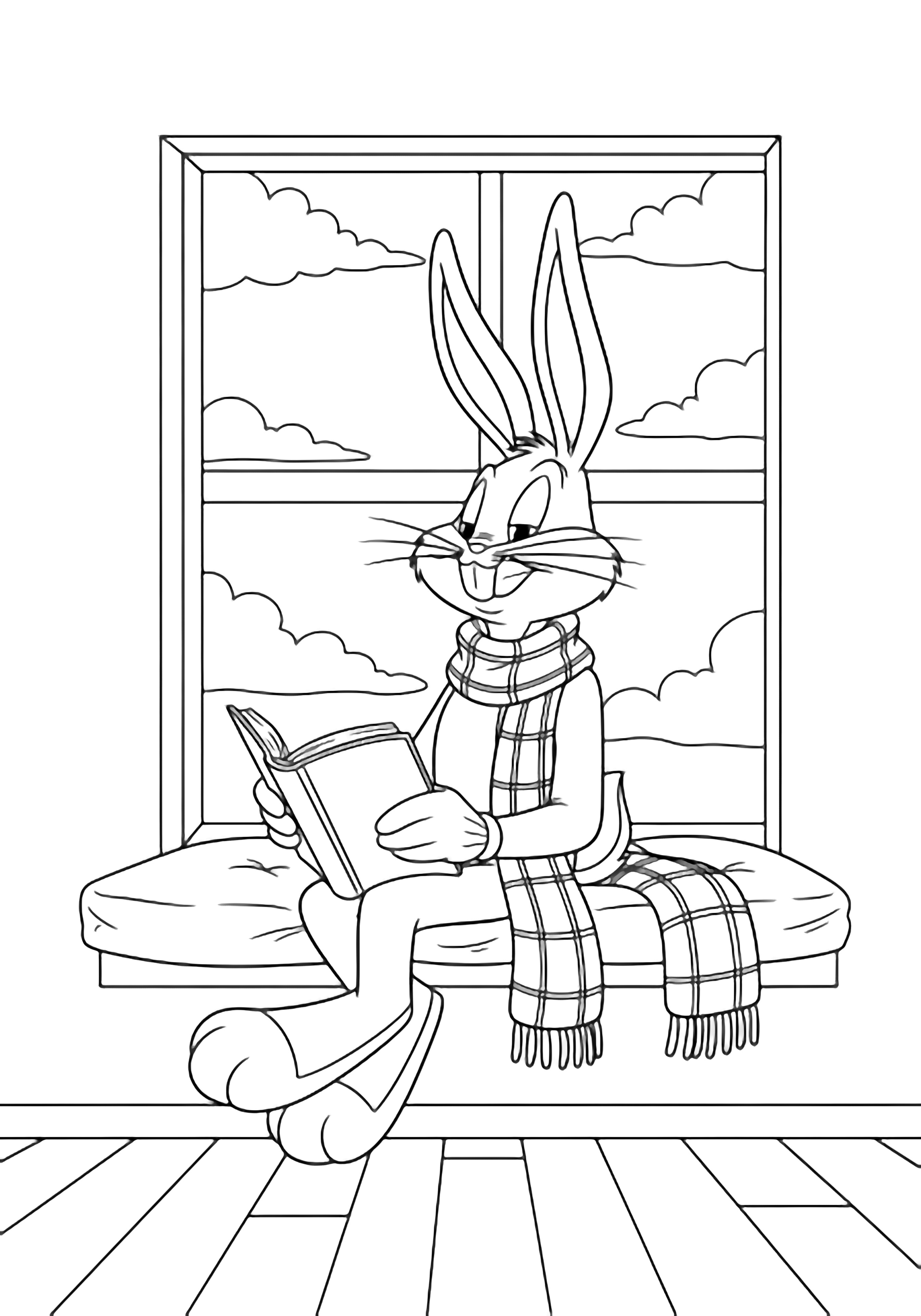 Bugs Bunny sits on a cushioned window sill, plaid scarf around his neck, reading an open book; clouds drift beyond the simple frame, floorboards below. kleurplaat