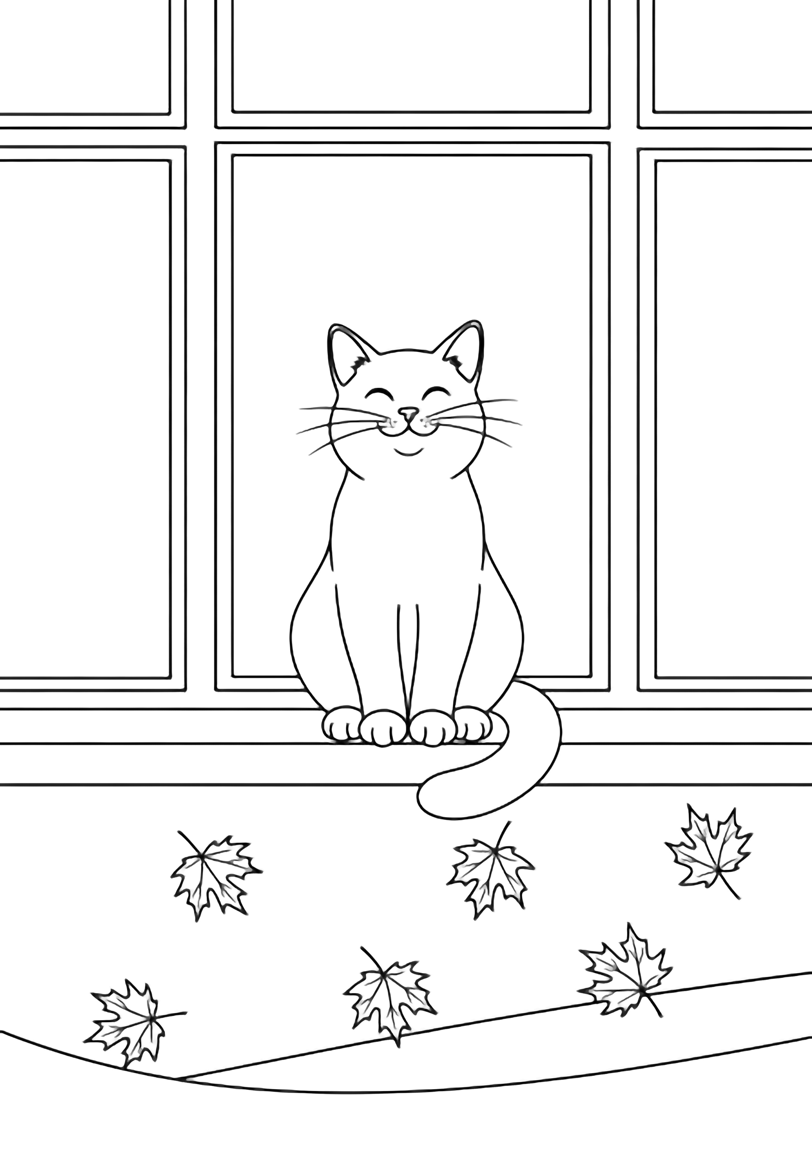 A content cat perches on a slim sill, tail curled around its paws; beyond the panes, six maple leaves drift toward the ground. kleurplaat