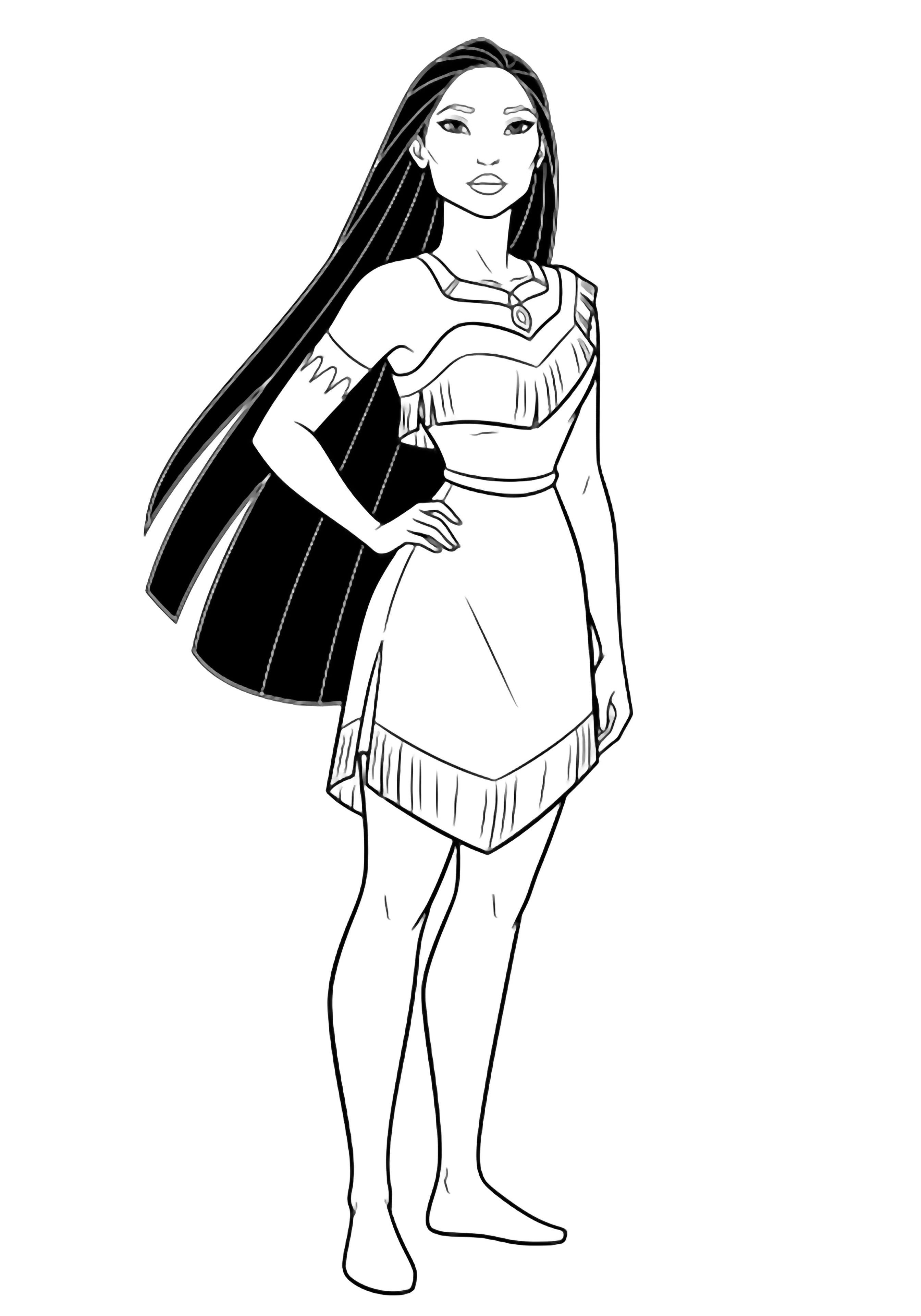 Pocahontas stands confidently, hand on hip, long hair flowing. kleurplaat