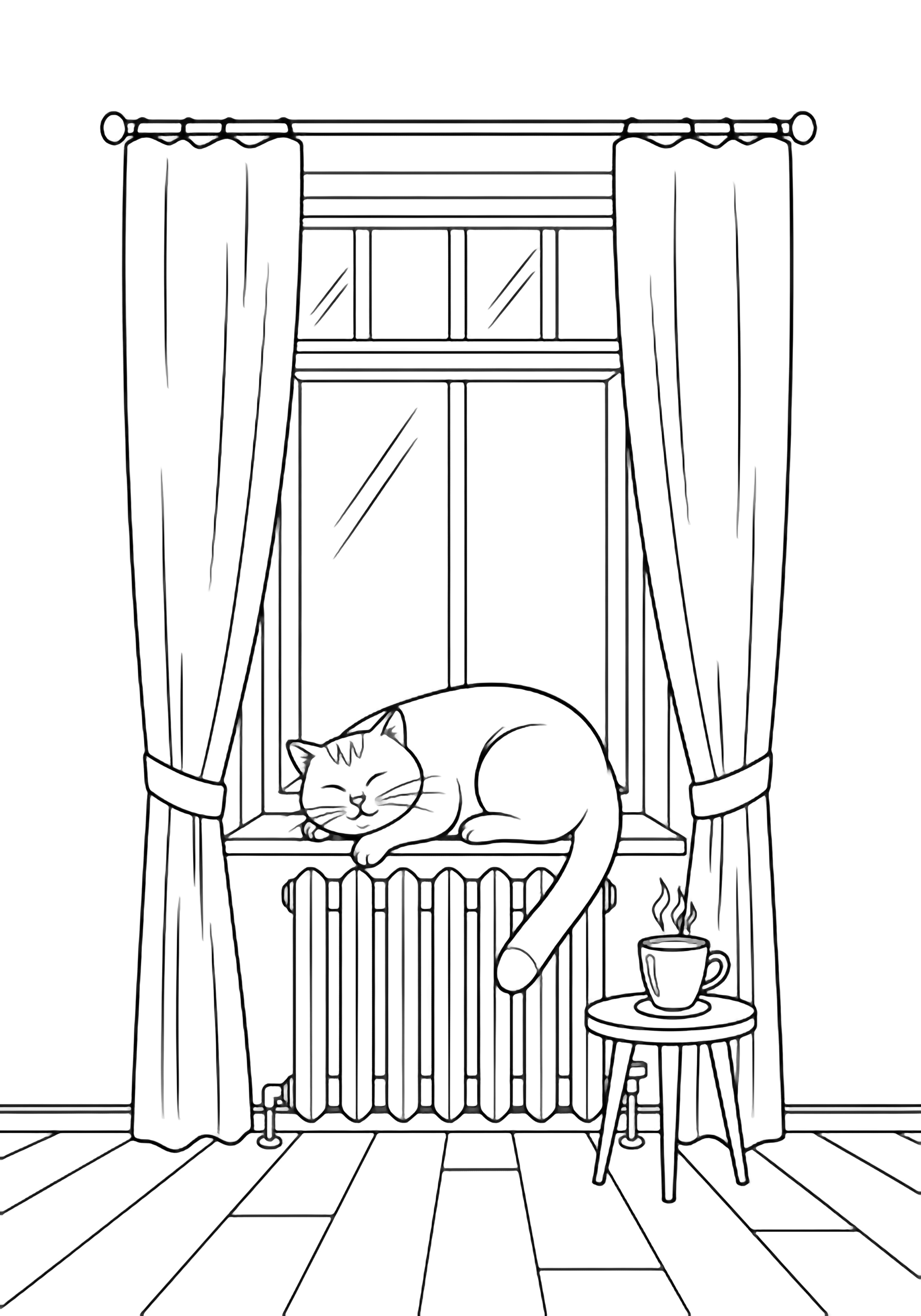 A plump cat naps on a radiator under a tall window, beside curtains and a small table holding a steaming mug. kleurplaat