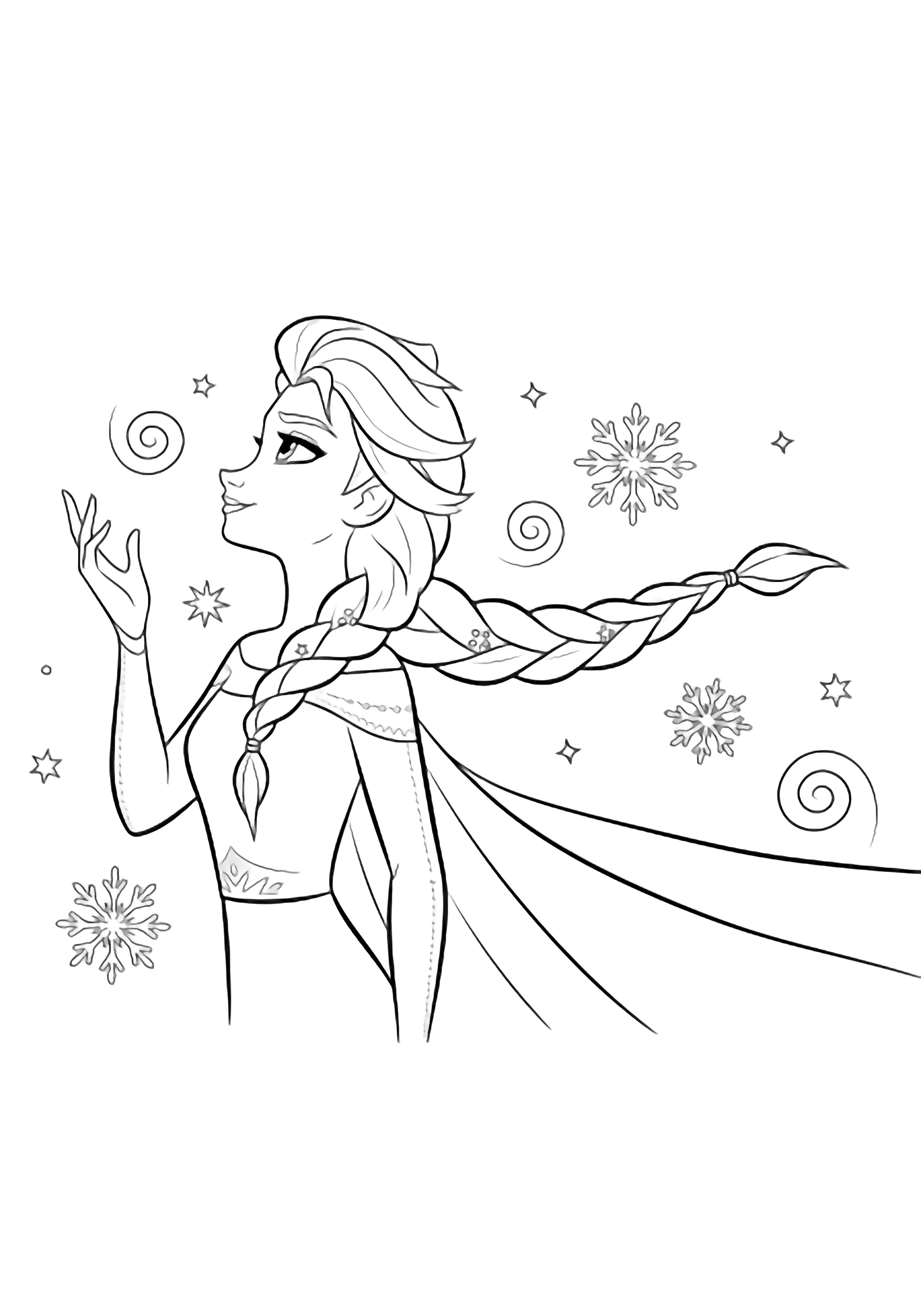 Elsa in profile lifts one hand skyward, braid streaming back, framed by a light snowflake swirl and small stars. kleurplaat
