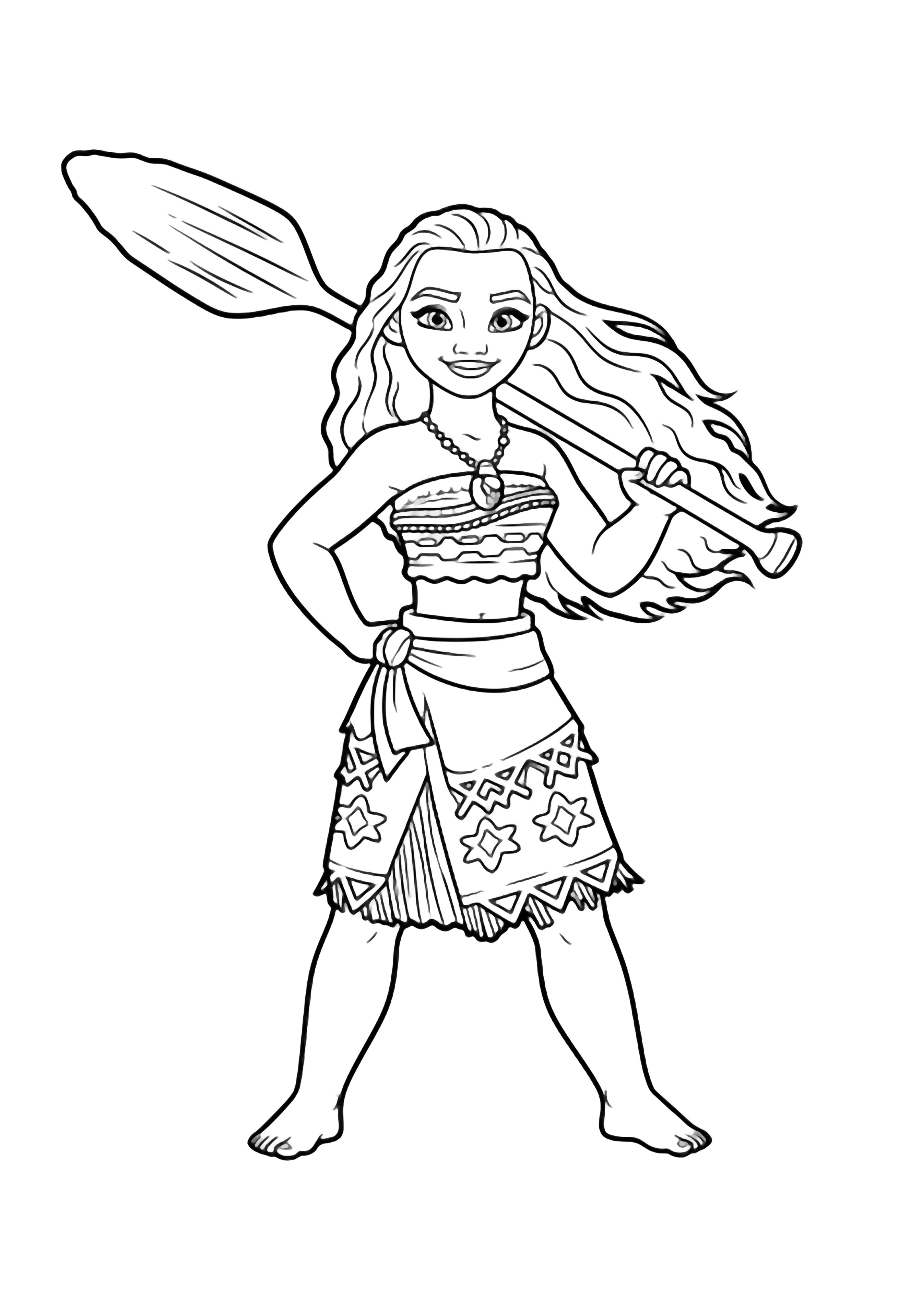 Moana staat met haar voeten uit elkaar, één hand op haar heup, de andere rustend op haar roei die over haar schouder ligt, haar wapperend, eenvoudige ketting. kleurplaat