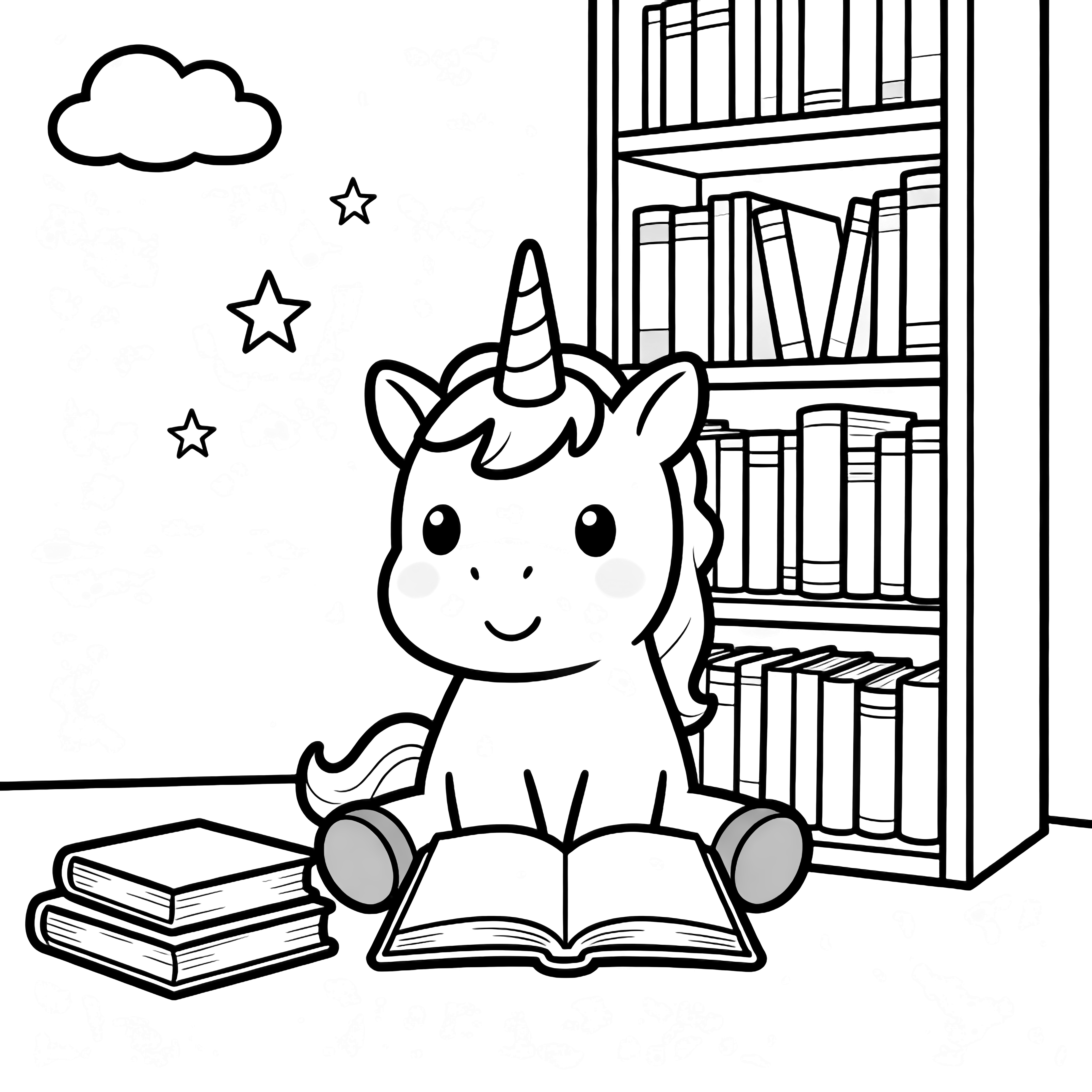 A smiling unicorn sits beside a tall bookshelf with an open book at its hooves, two stacked books, floating sparkles, and a cloud. kleurplaat