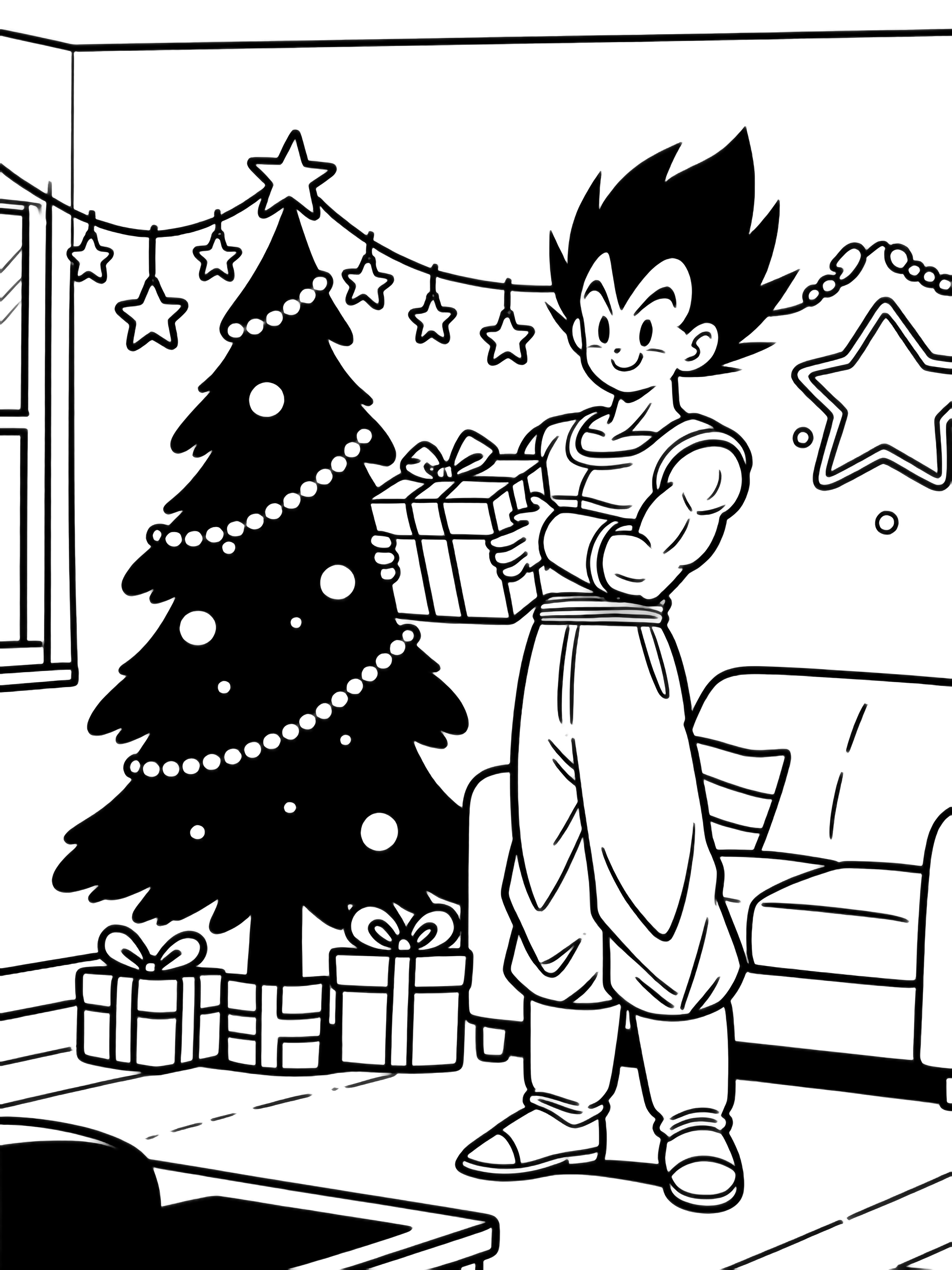 Vegeta stands stiffly with crossed arms and a half-wrapped present; Bulma hangs star ornaments on a tall Christmas tree in a cozy living room with gifts and garland. kleurplaat