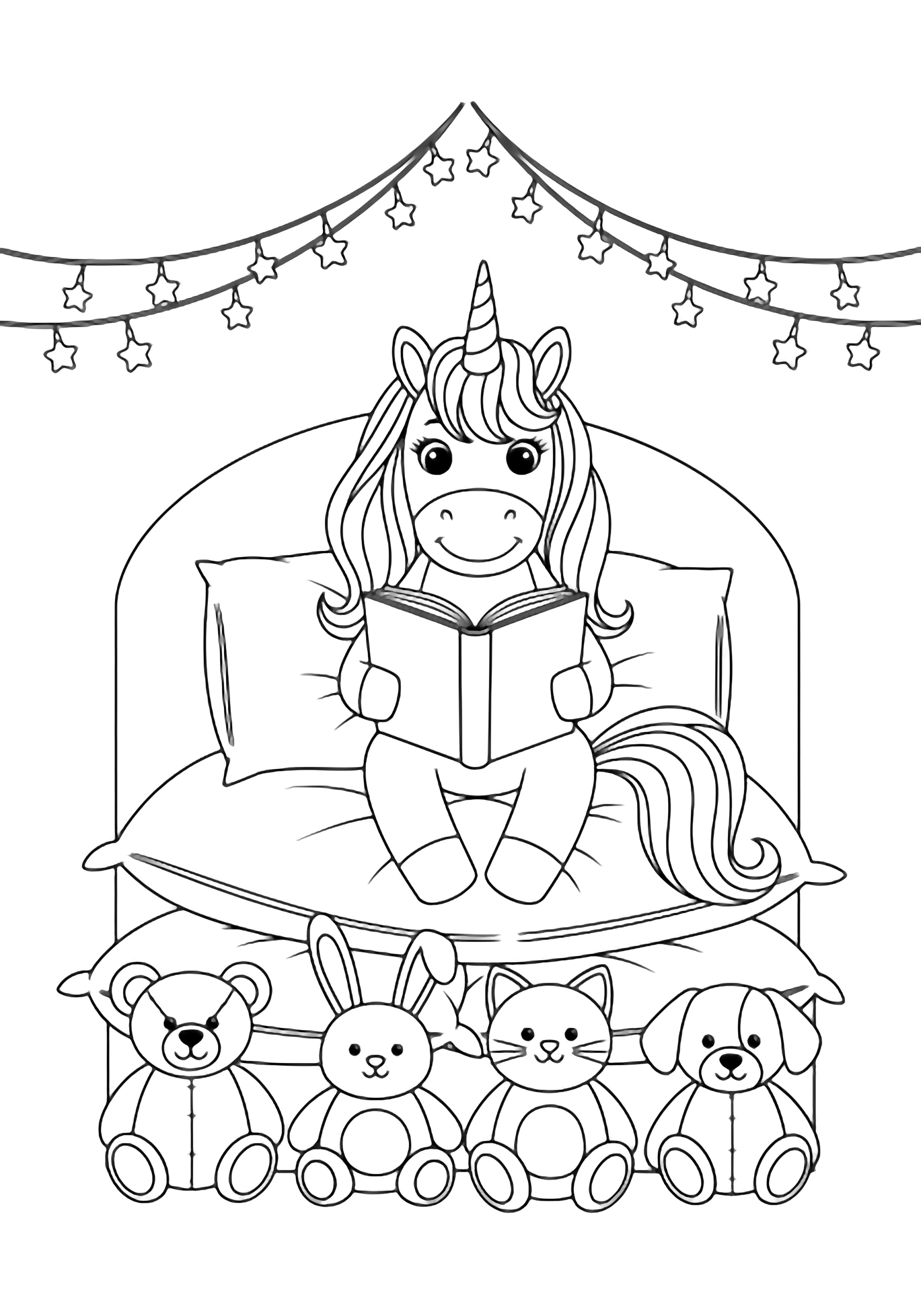A smiling unicorn reclines on pillows reading a book in a cozy bedroom with plush toys, fairy-light strings, and tiny stars. kleurplaat