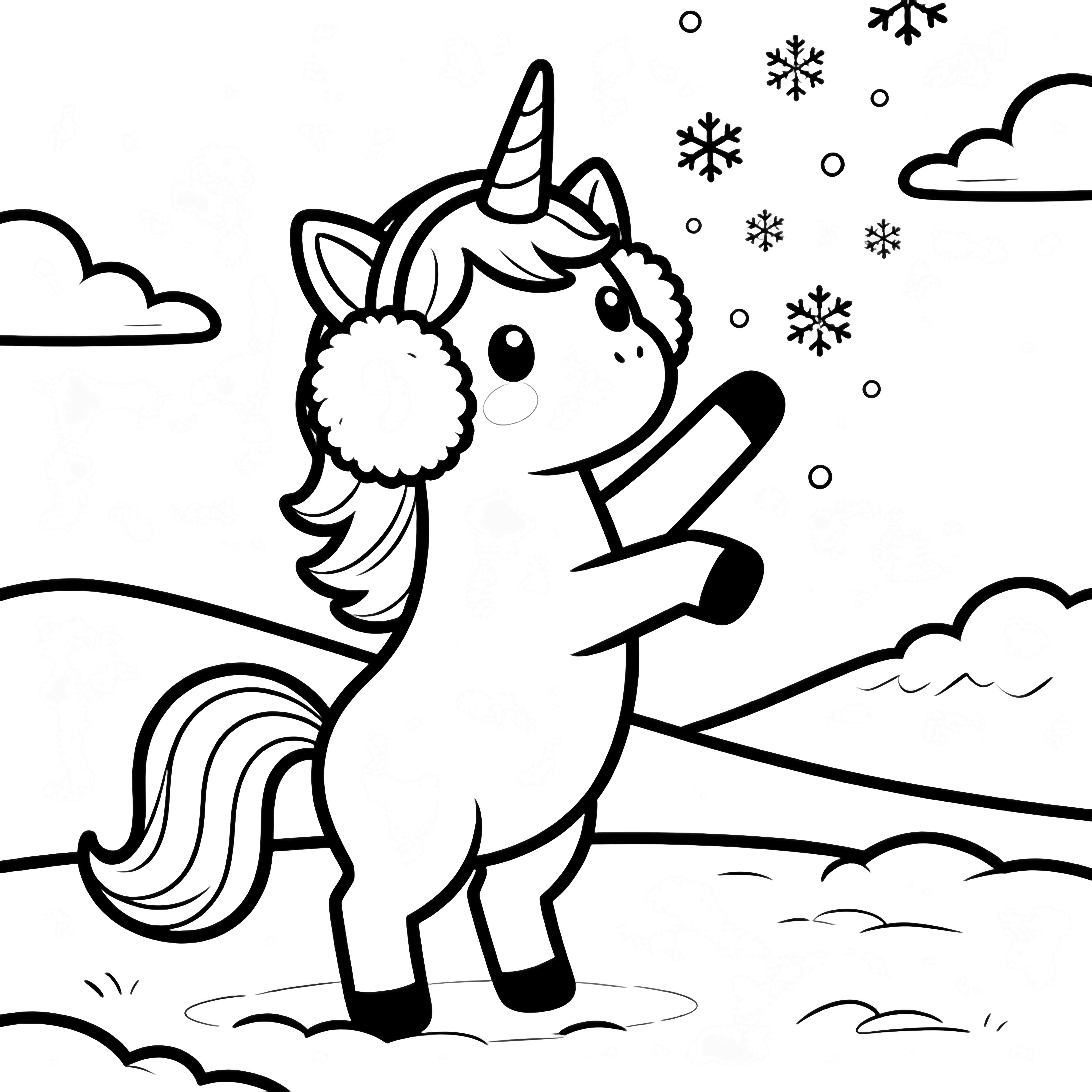 A kawaii unicorn wearing big earmuffs rears up playfully, catching snowflakes in its flowing mane, with simple hills and clouds behind. kleurplaat
