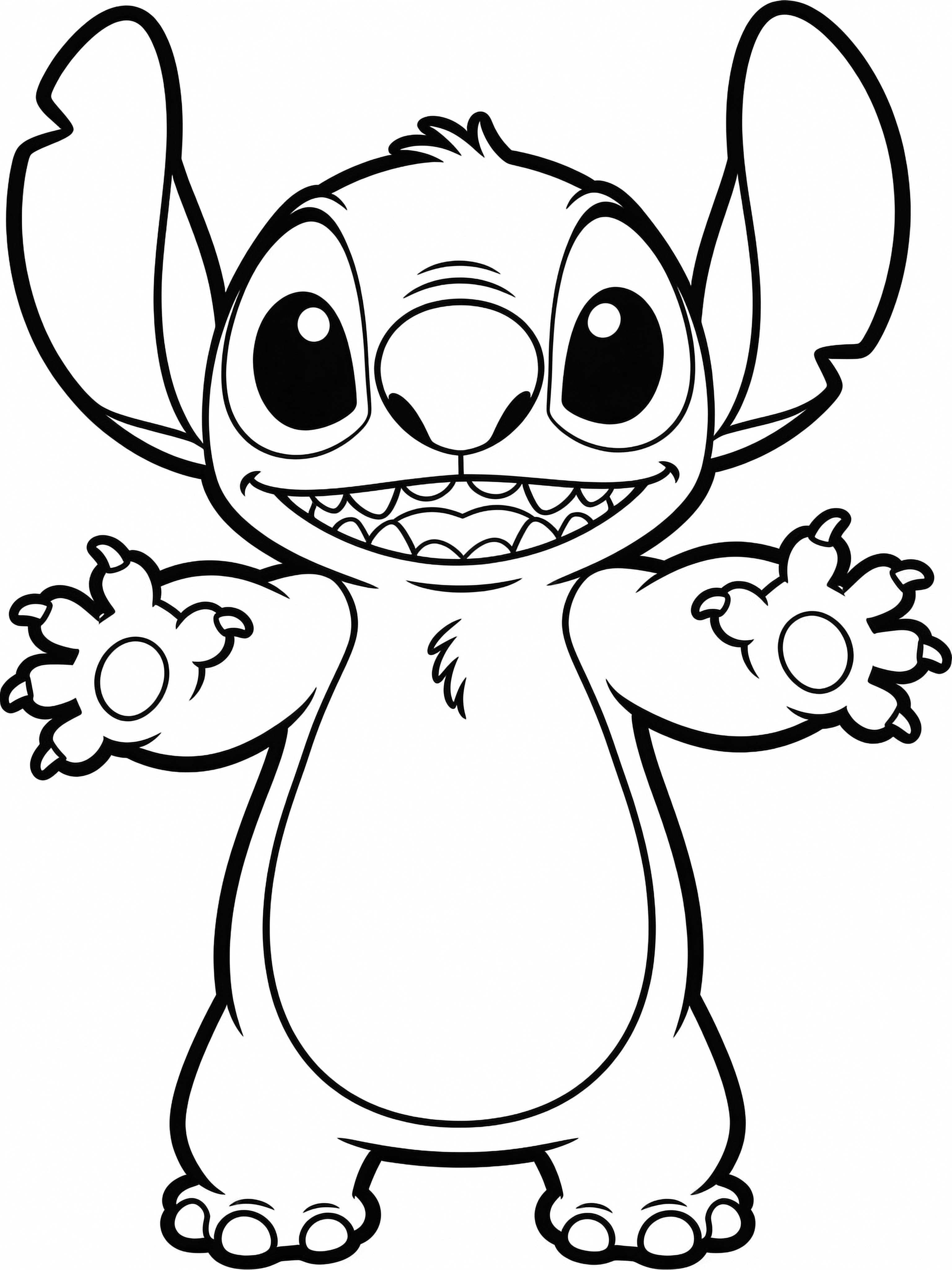 A cheerful, wide-eyed alien creature stands with arms spread wide, showing a big grin and simple rounded body. kleurplaat