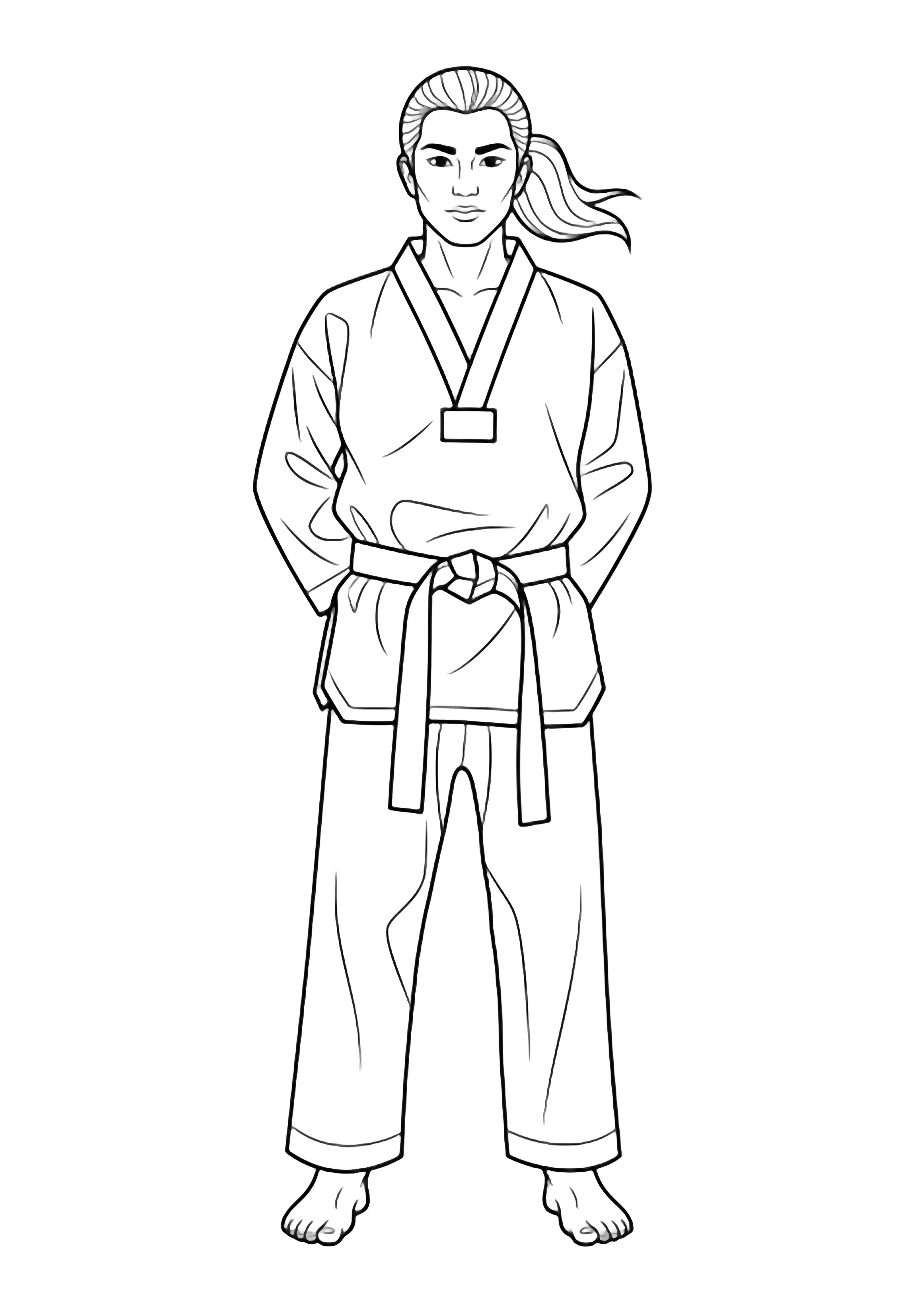 Een zelfverzekerde taekwondomeester staat in aandachtshouding, handen achter de rug gevouwen, gekleed in een strak gepersoonlijk dobok met een vierkante knoop in de band, blote voeten bij elkaar, staartje wiegend. kleurplaat