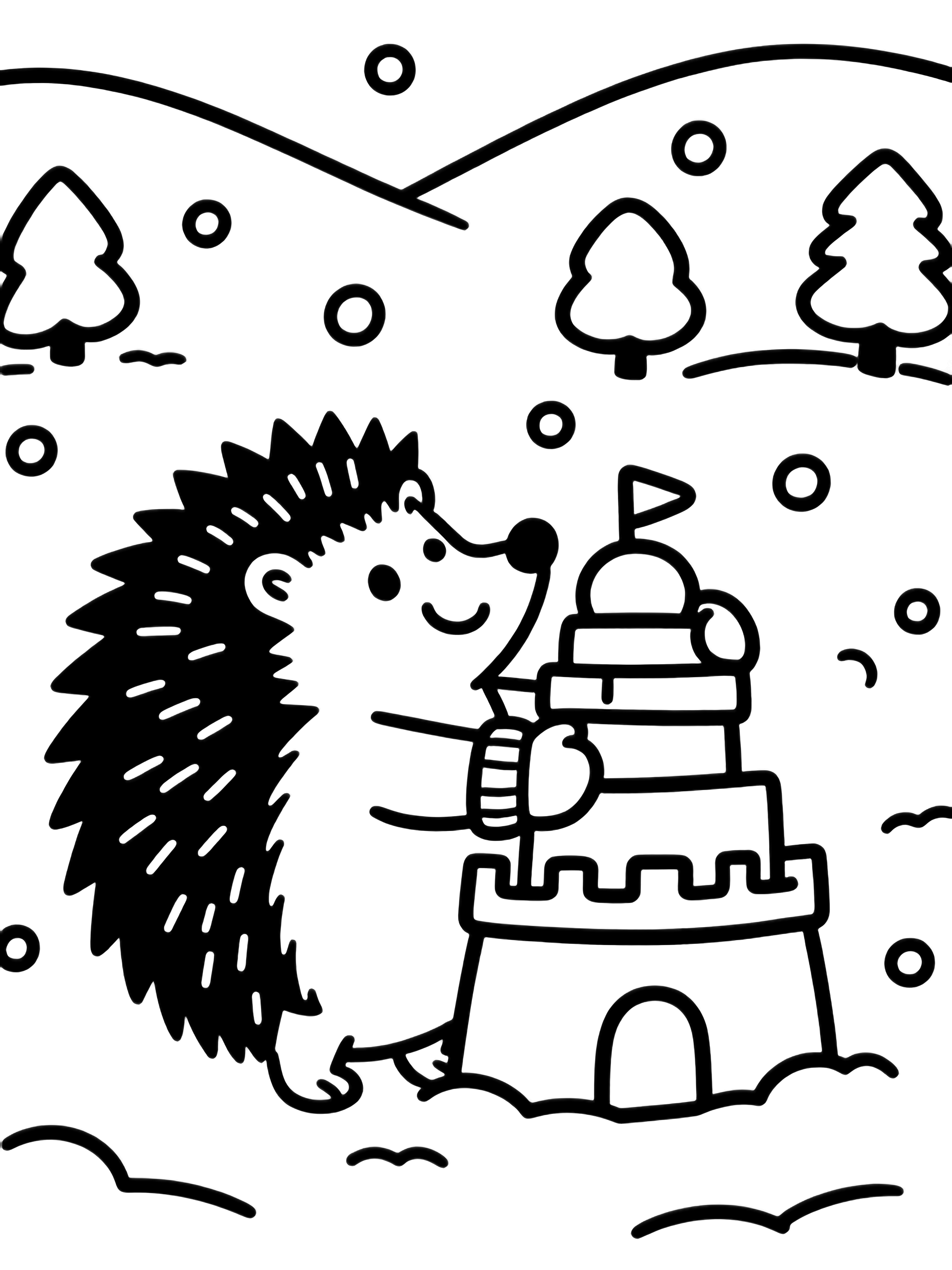 A smiling hedgehog in mittens builds a snow castle; snowflakes drift above trees and hills. kleurplaat
