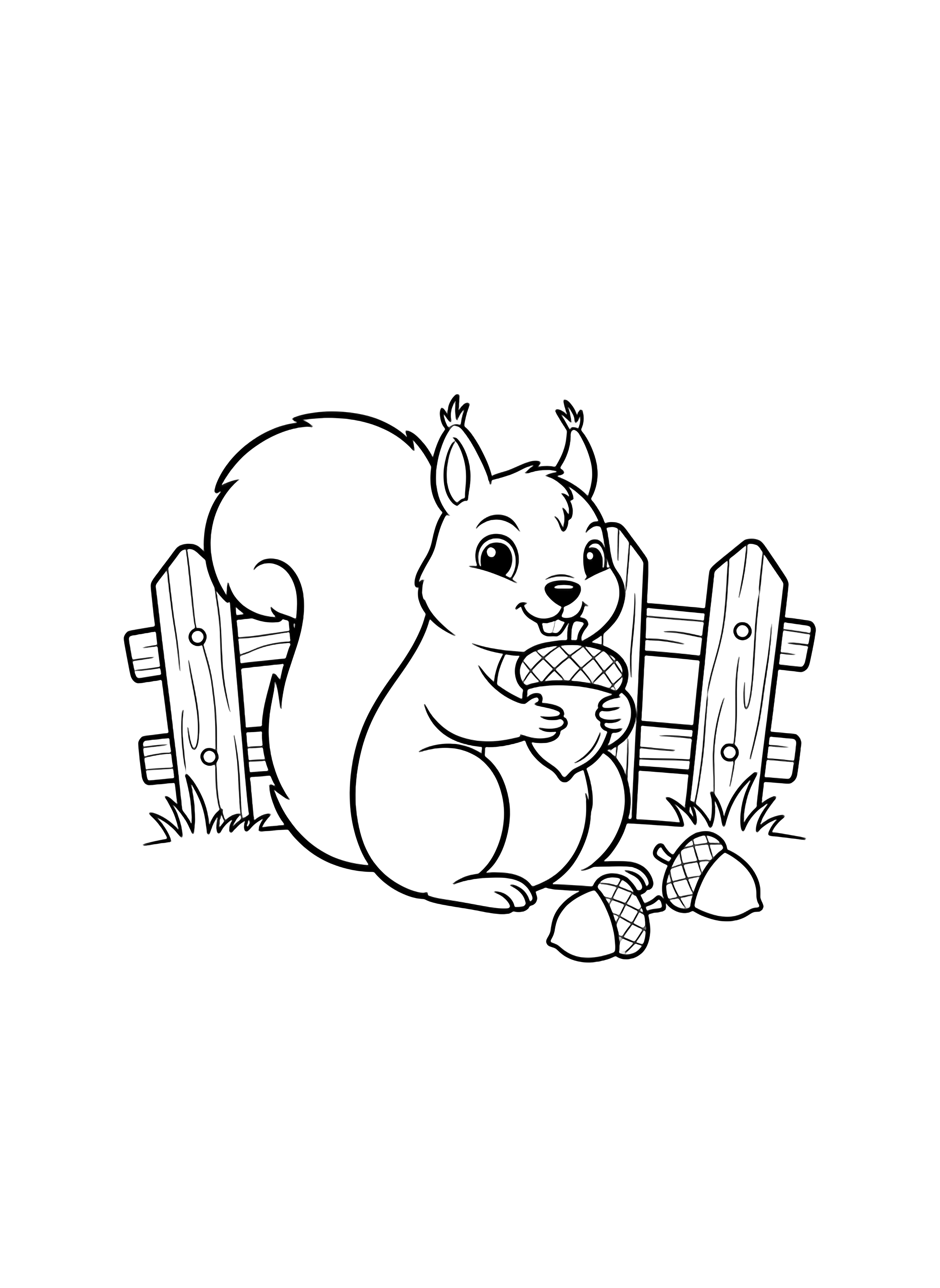 A happy squirrel hugs a large acorn while three more lie at its paws, sitting behind a wooden fence with tufts of grass. kleurplaat