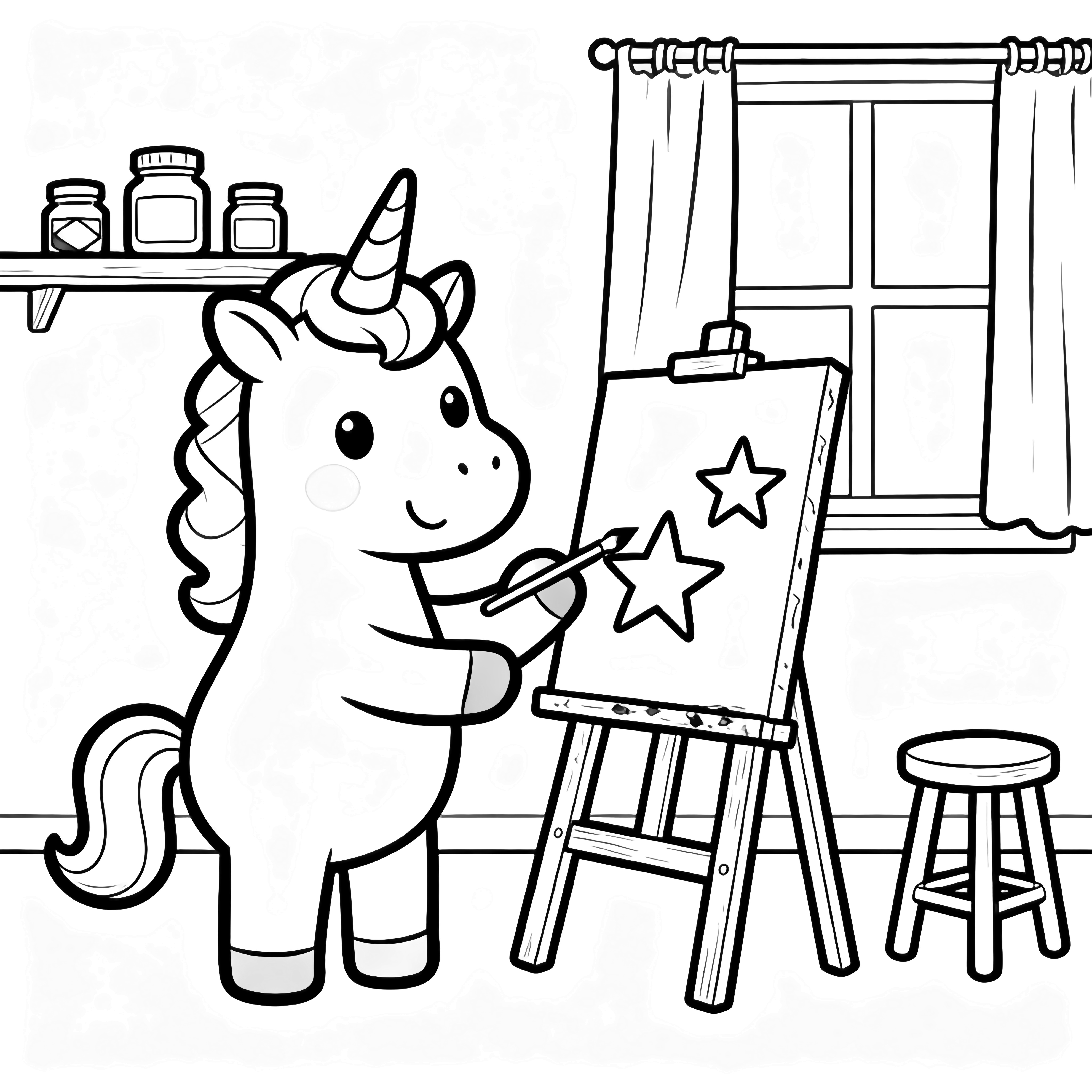 A smiling unicorn paints stars on an easel in a cozy studio with a shelf of paint jars, curtained window, and stool. kleurplaat