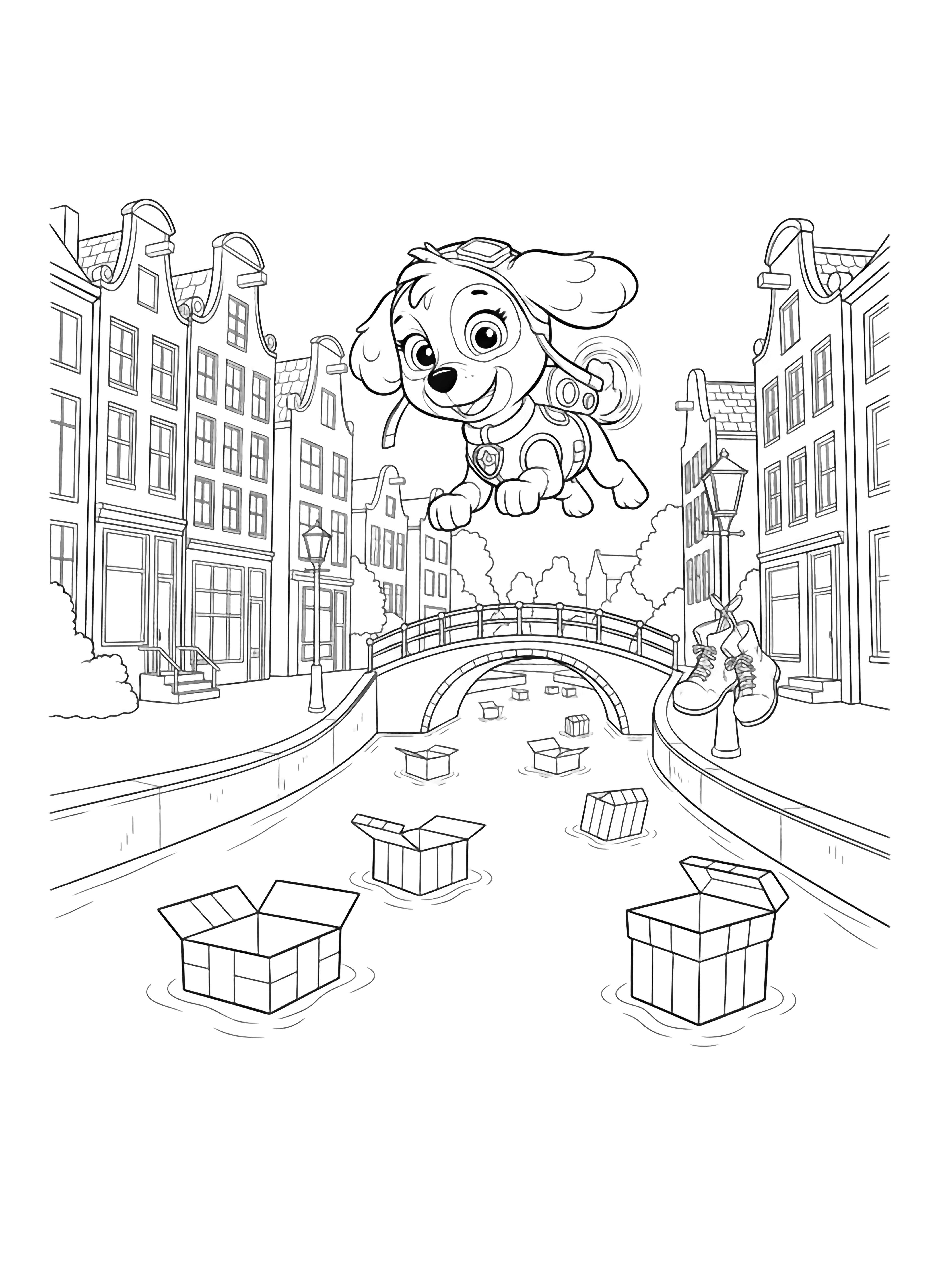Skye de hond glijdt boven een Nederlandse gracht met smalle huizen; lege cadeaudozen drijven eronder, twee laarzen hangen aan een lantaarnpaal, een eenvoudige brug boogt erachter. kleurplaat