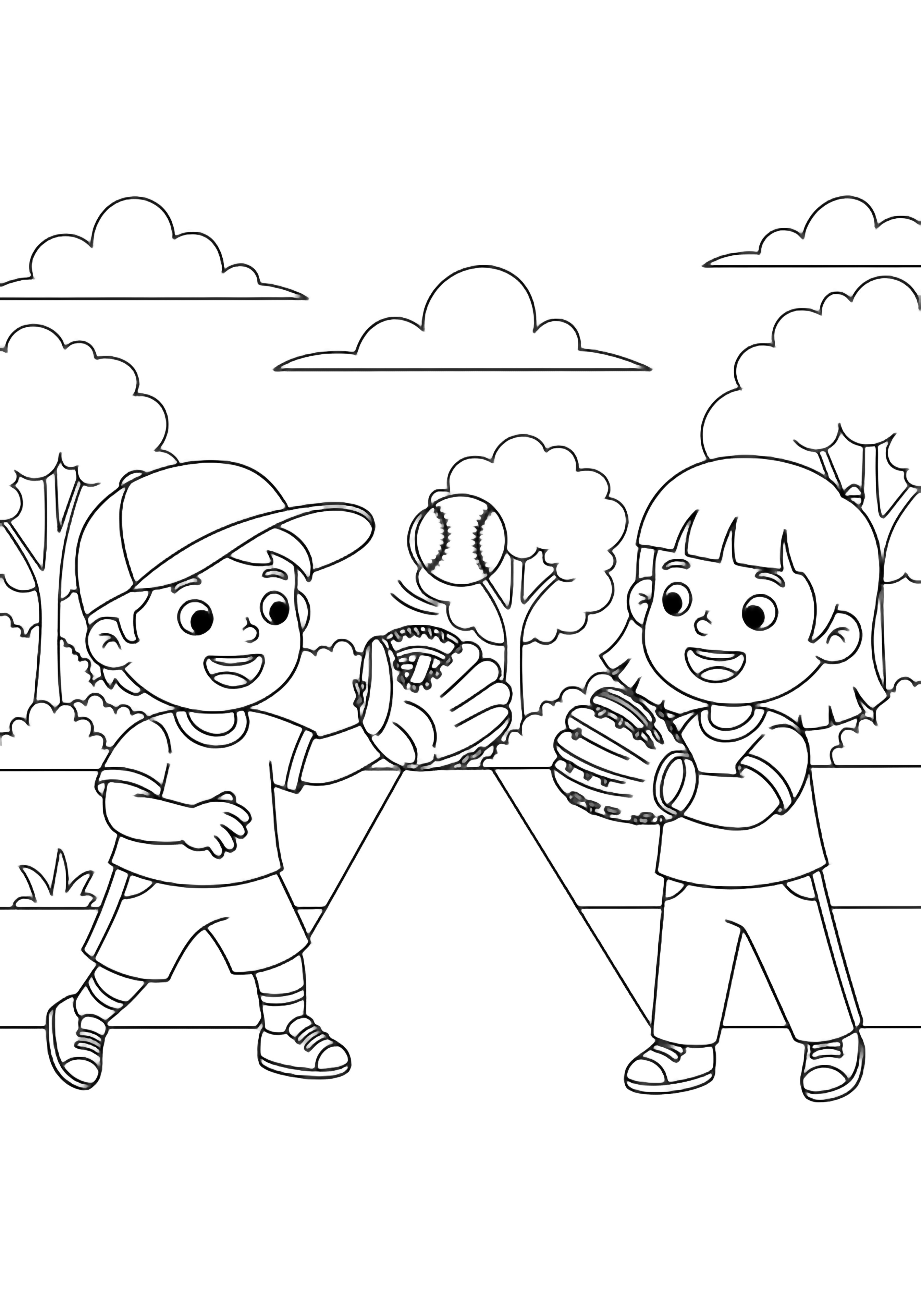 Two smiling kids play catch in a sunny park; one throws a baseball while the other holds an open glove, with simple trees, clouds, and a straight path behind them. kleurplaat