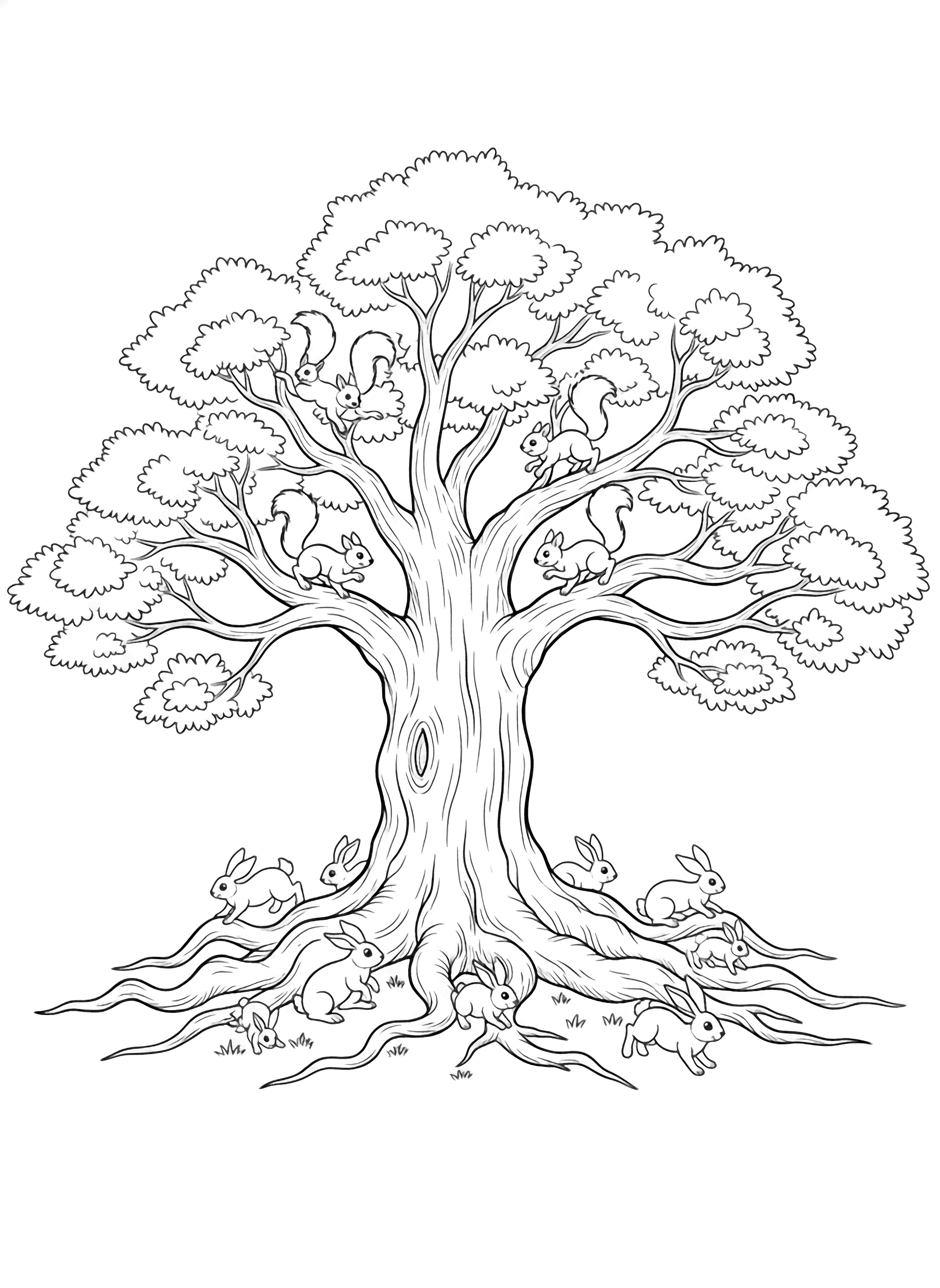 A massive oak with wide-spreading branches; squirrels chase across the limbs while rabbits hop around its gnarled roots. kleurplaat