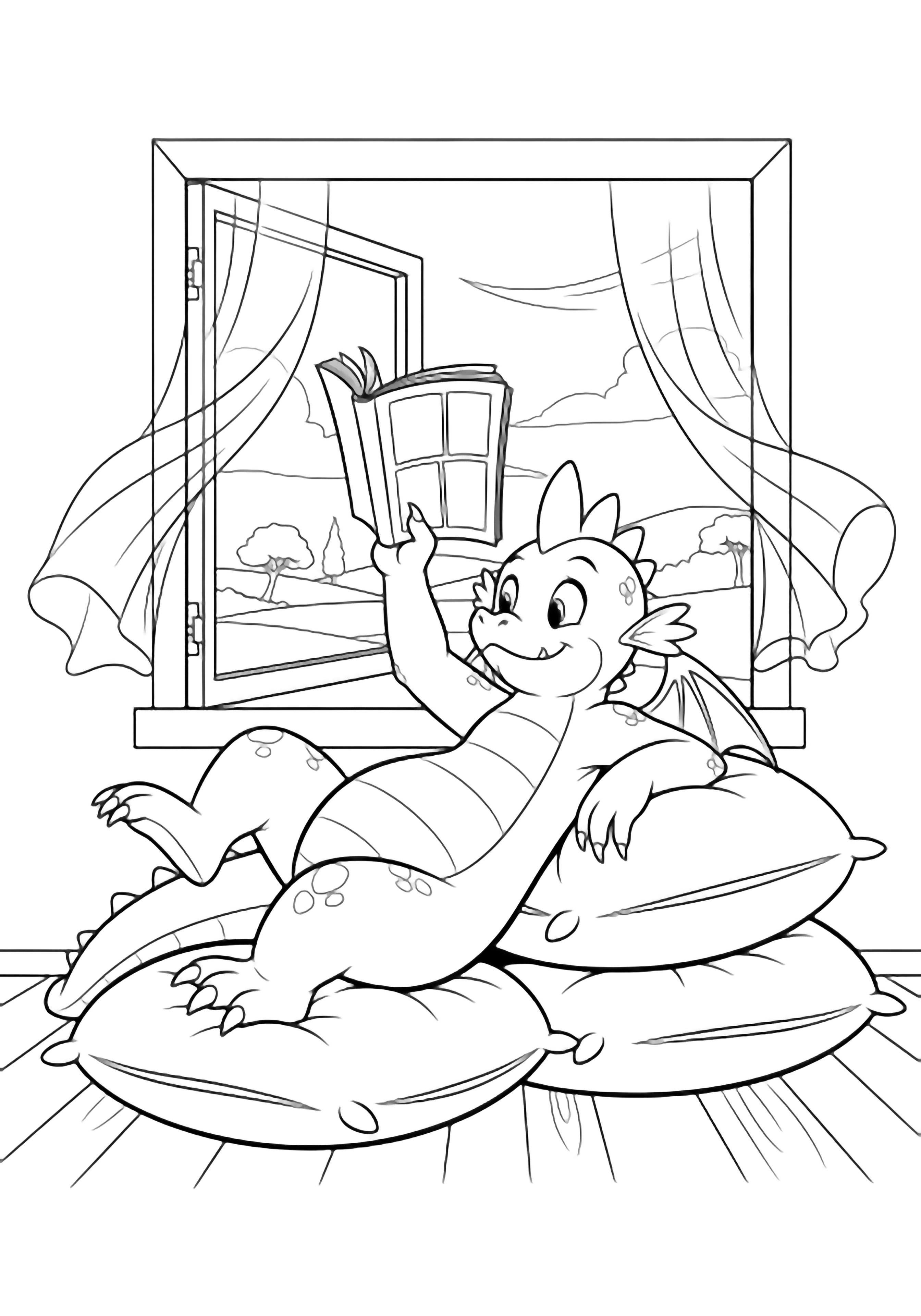 A relaxed dragon lounges on two fluffy cushions beside an open window, reading a comic book, with curtains and floorboards around him. kleurplaat