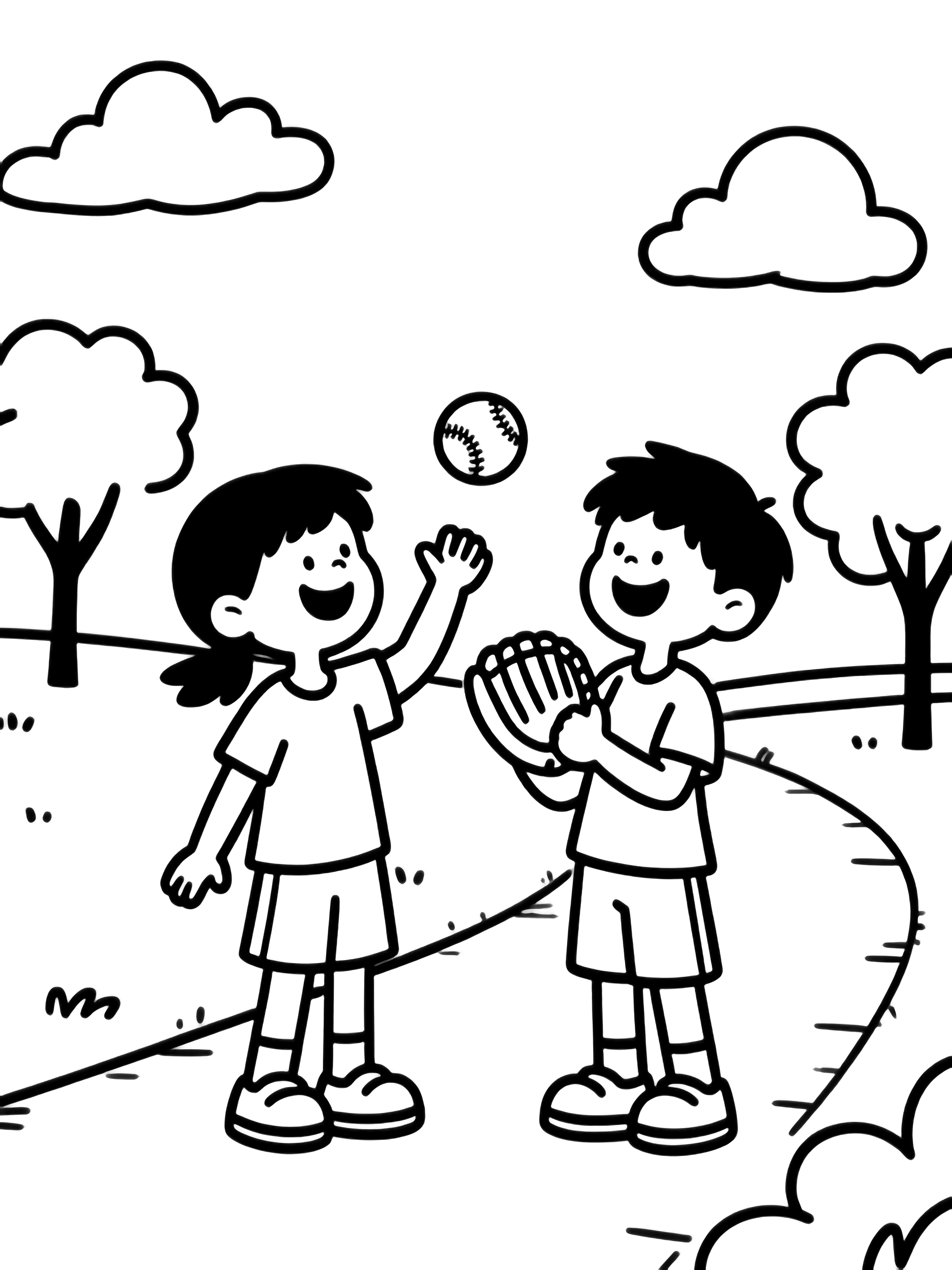 Two happy children play catch in a park; one throws a baseball while the other waits with an open glove, surrounded by simple trees, clouds, and a straight path. kleurplaat