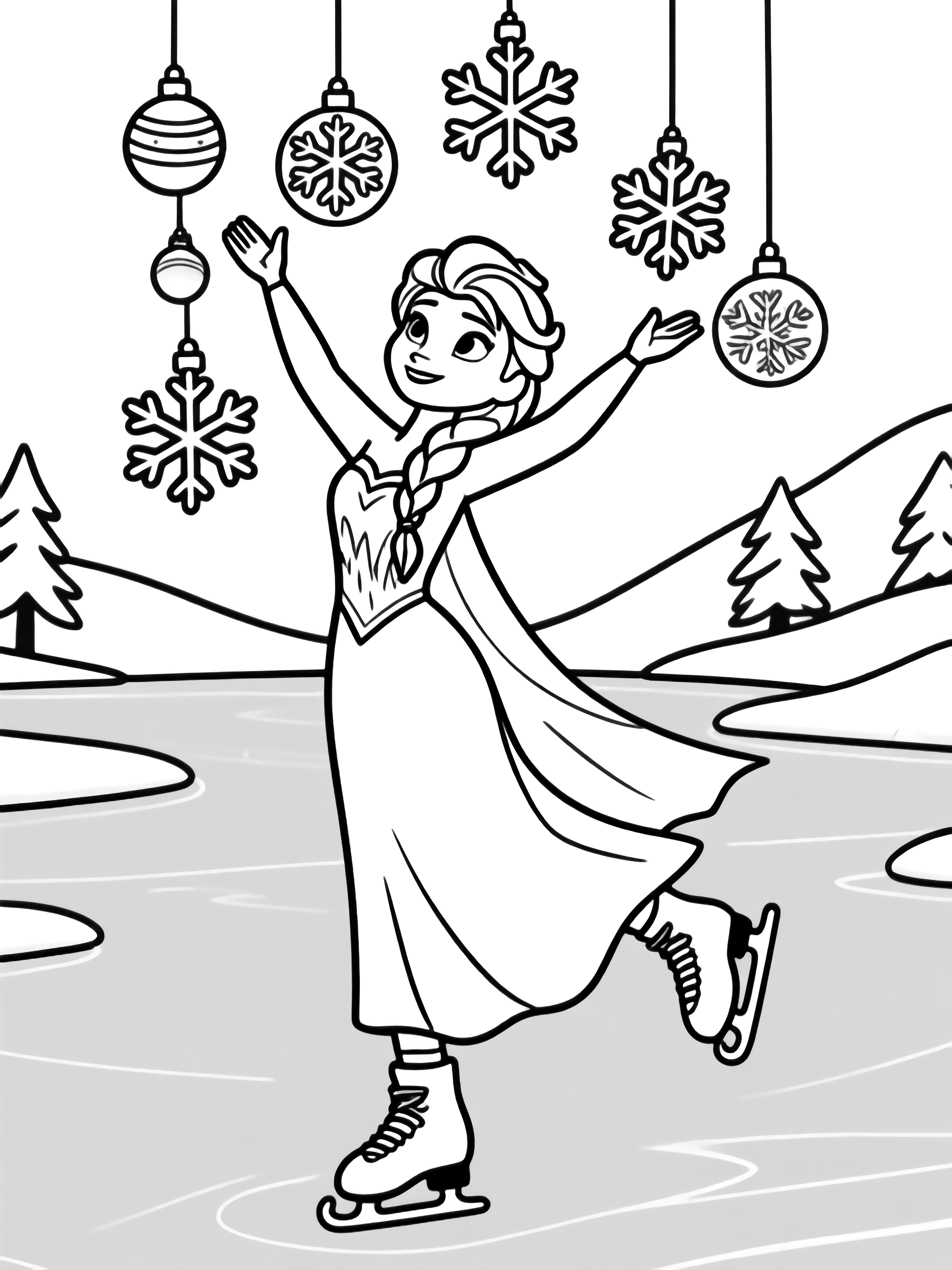 illustration on a Elsa skates on an icy lake arms high conjuring six pointed snowflakes that dangle like Christmas baubles; simple snowy hills and faint pines frame the scene all in clean black outlines with open white spaces ready for clean black kleurplaat
