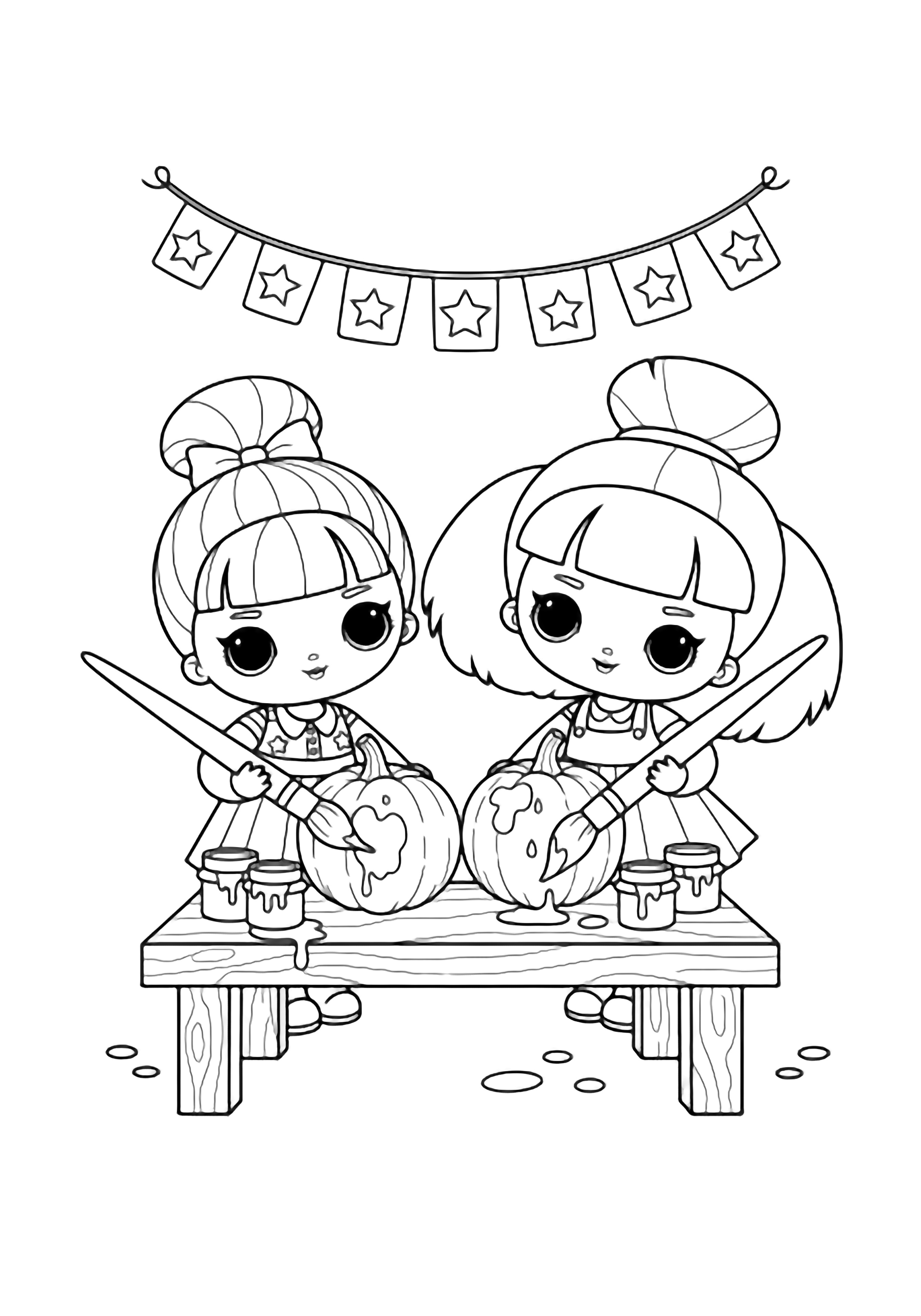 Diva and Bon Bon lean over a small wooden table, happily painting round pumpkins; paint pots and brushes beside them, star banner overhead, tiny paint dots hinting at a friendly mess. kleurplaat