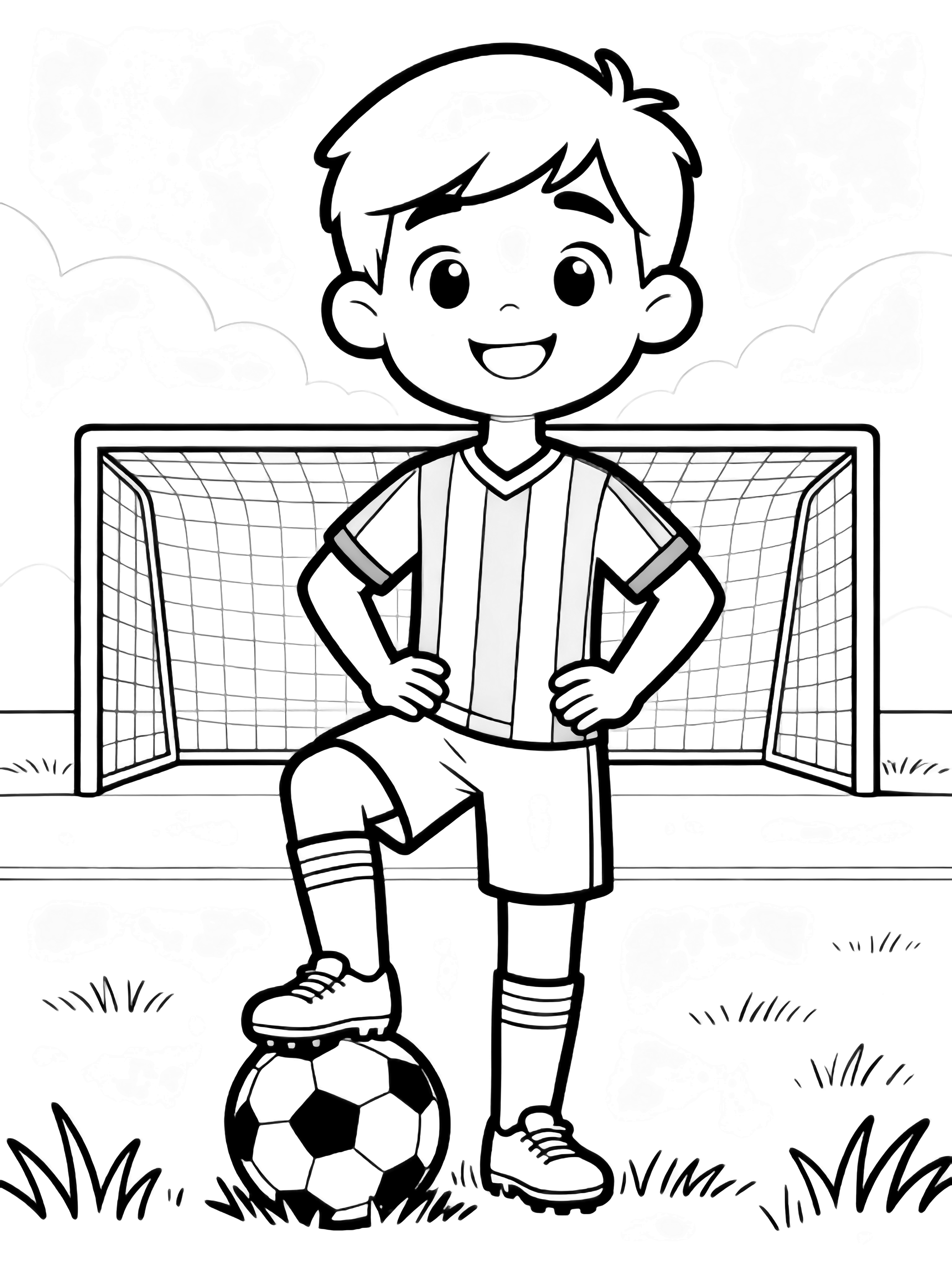 A smiling soccer player stands with one foot on the ball, hands on hips, wearing a striped jersey, shorts, and cleats; grass lines and a goal behind him. kleurplaat