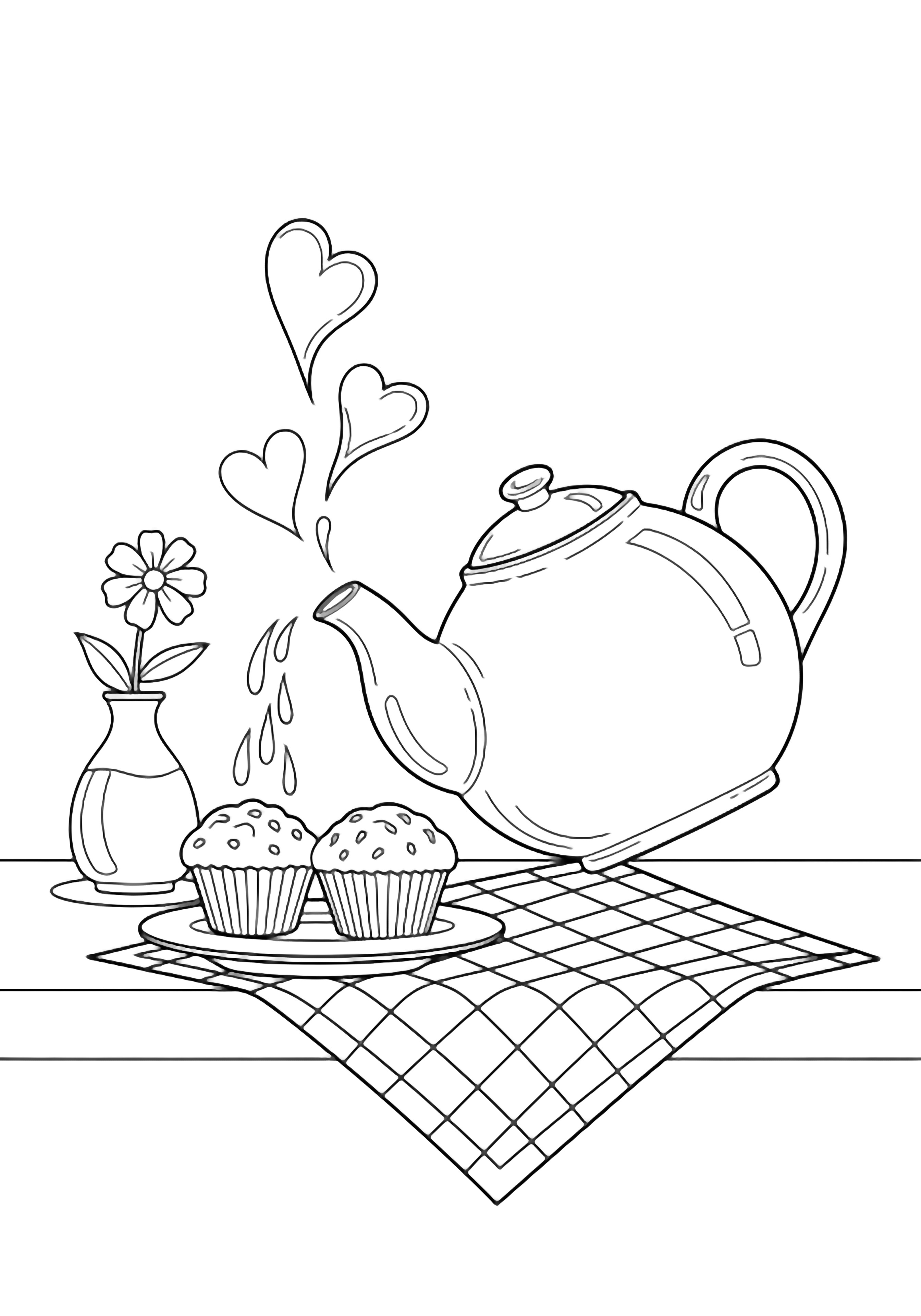 A plump teapot tips over, releasing heart-shaped steam above two muffins on a plate; checkered cloth and a single flower complete the cozy tabletop. kleurplaat