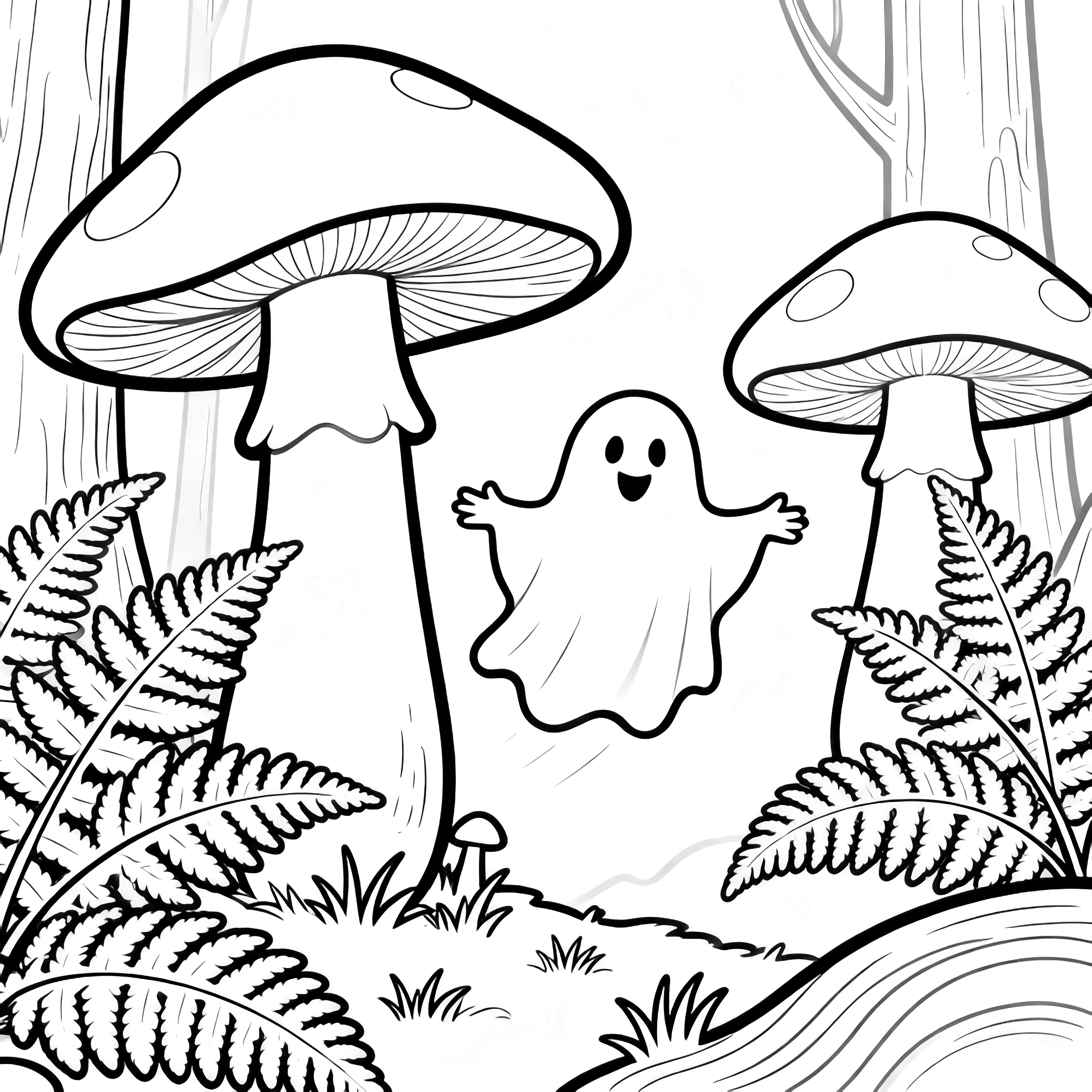 A cheerful ghost with outstretched arms floats among towering mushrooms and broad ferns, tiny grass tufts and gentle forest curves surrounding it in a calm, inviting woodland scene. kleurplaat