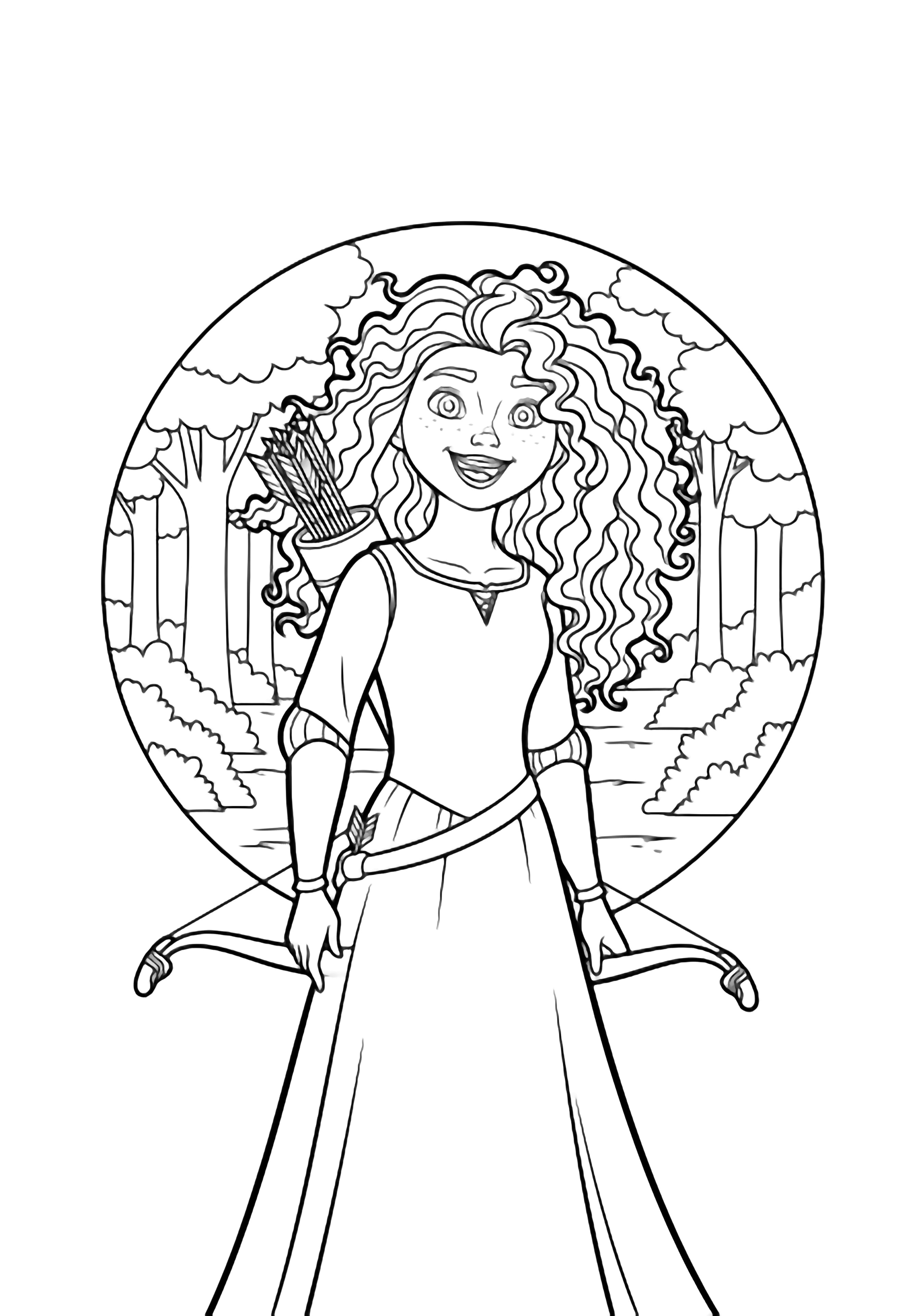 Cheerful Merida stands front-view, big smile, wild curly hair flowing, simple dress, bow and arrow on back, minimal forest circle behind. kleurplaat