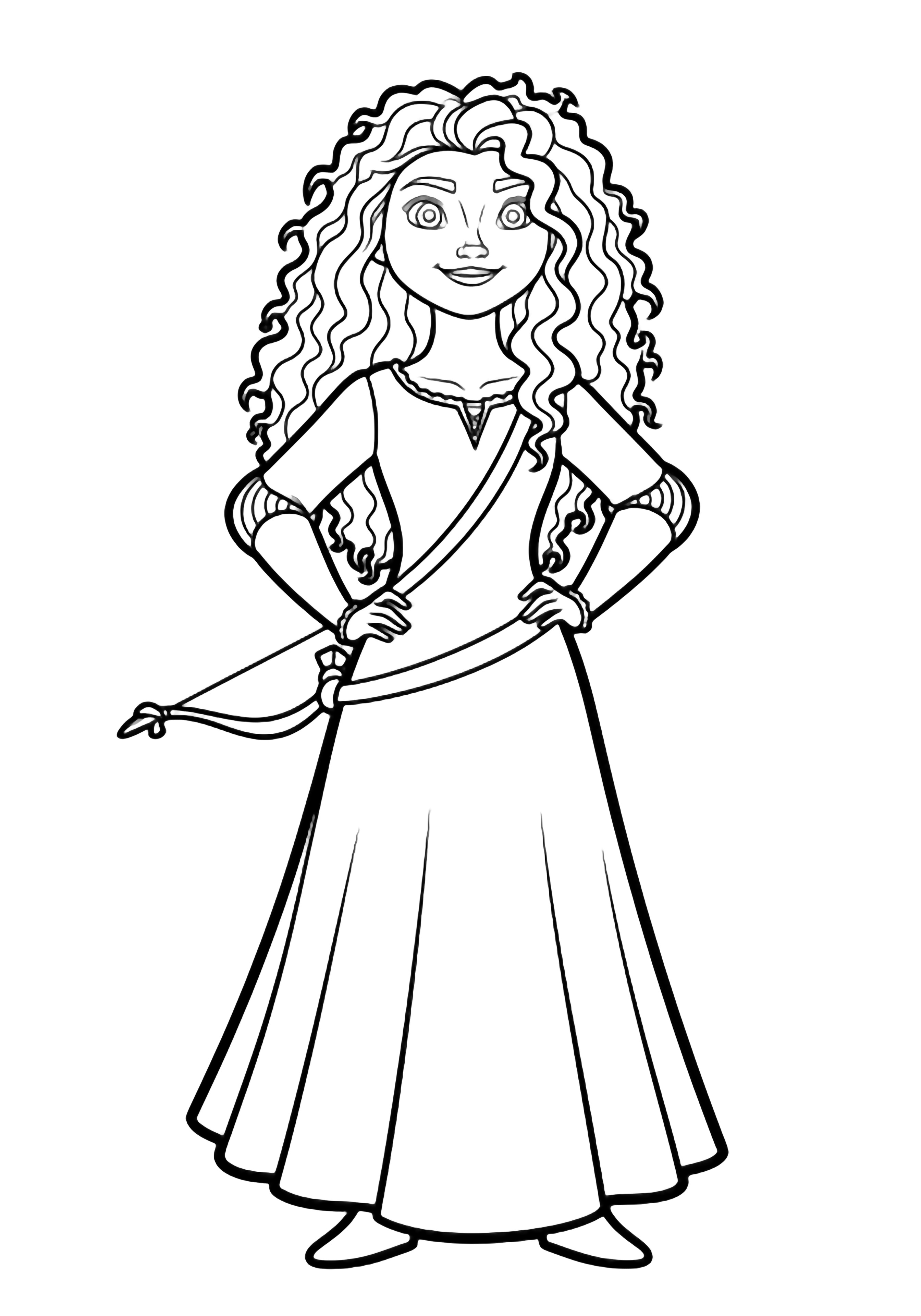 Merida stands centered, curly hair flowing in simple bold waves, cheerful smile, bow slung across chest, hands resting on hips. kleurplaat