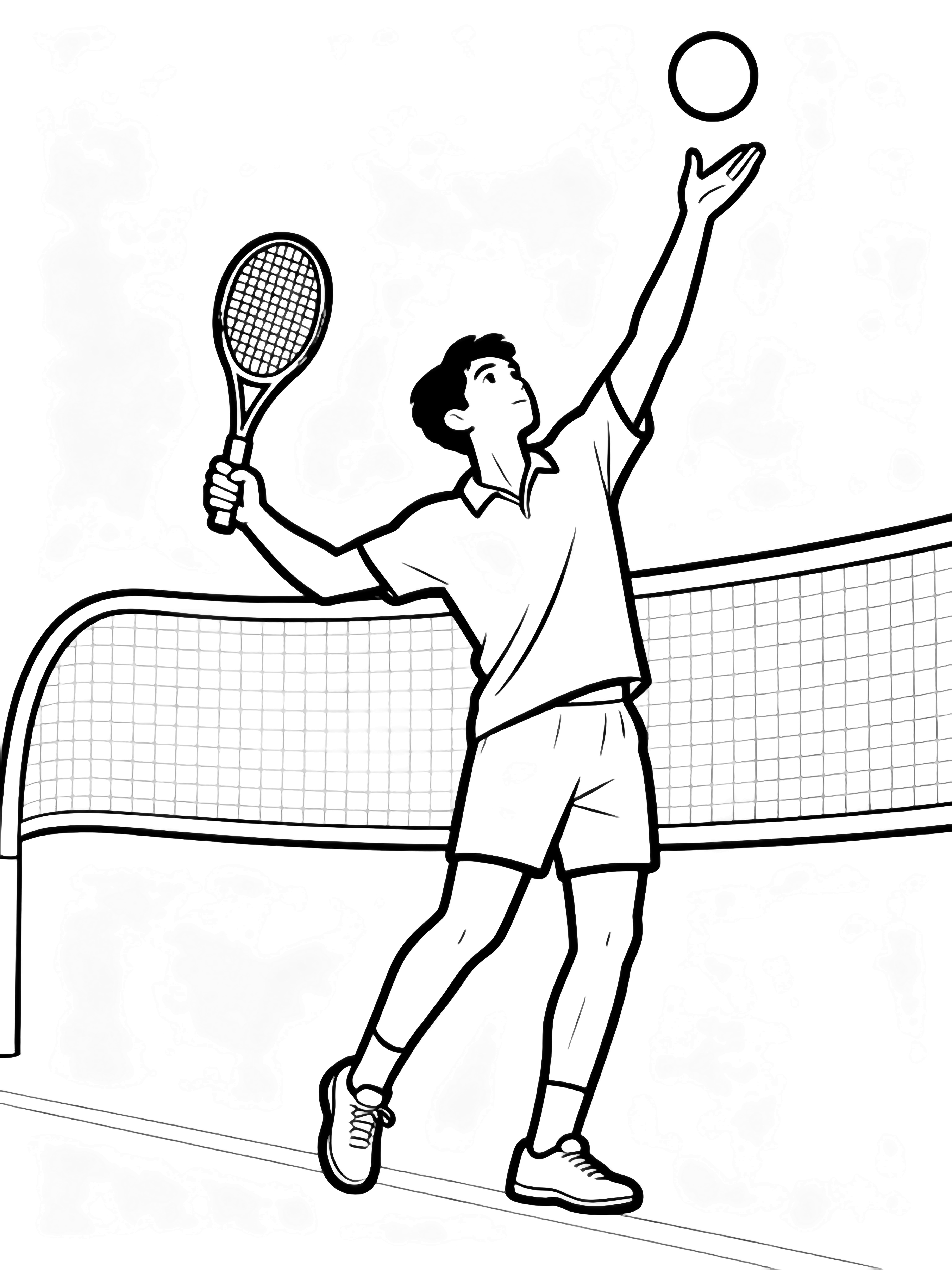 Tall athlete frozen mid-serve, one hand tossing a ball, other arm poised to strike, simple net curving behind. kleurplaat