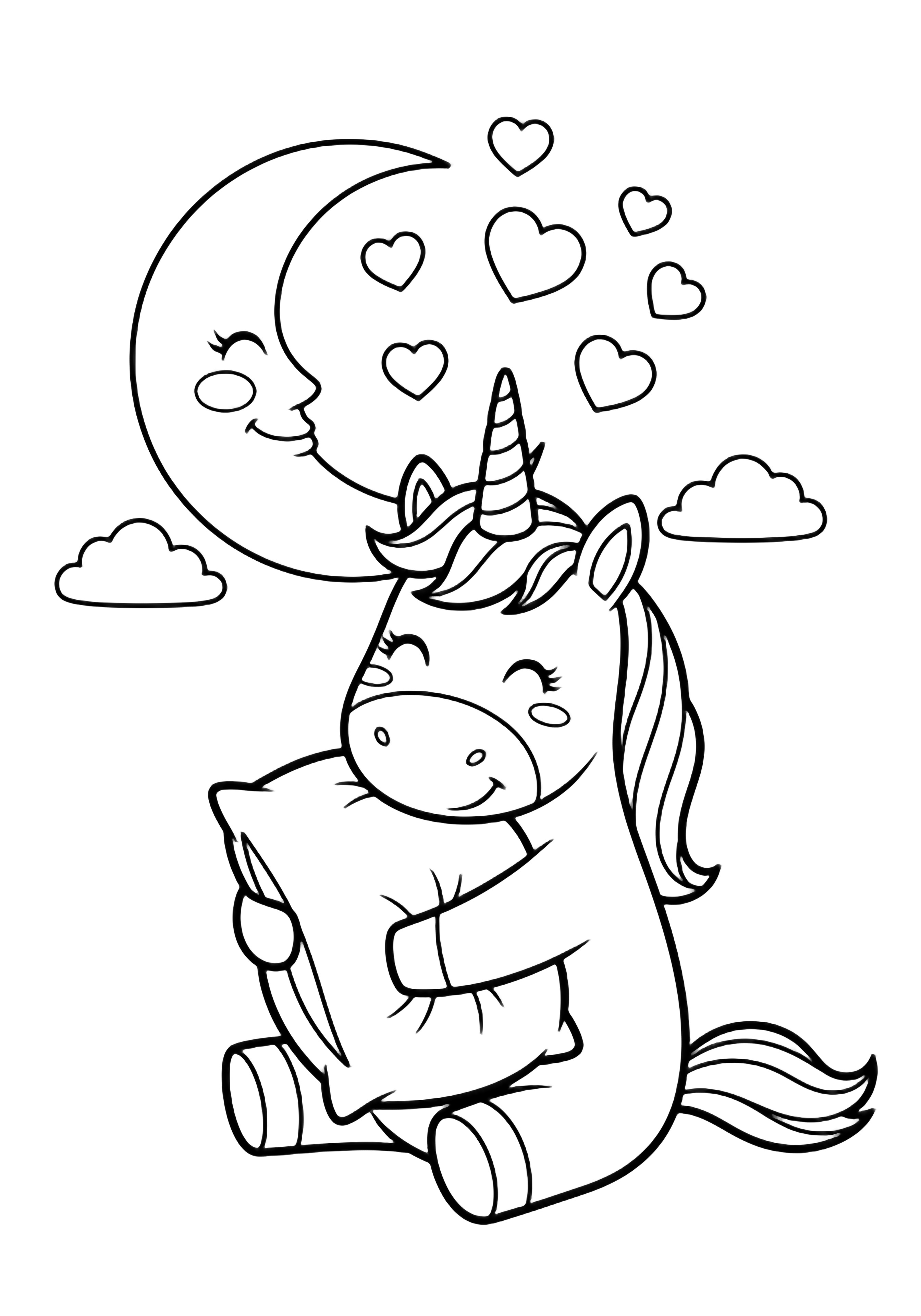 A smiling unicorn sits hugging a fluffy pillow, surrounded by floating hearts, a crescent moon, and two tiny clouds. kleurplaat