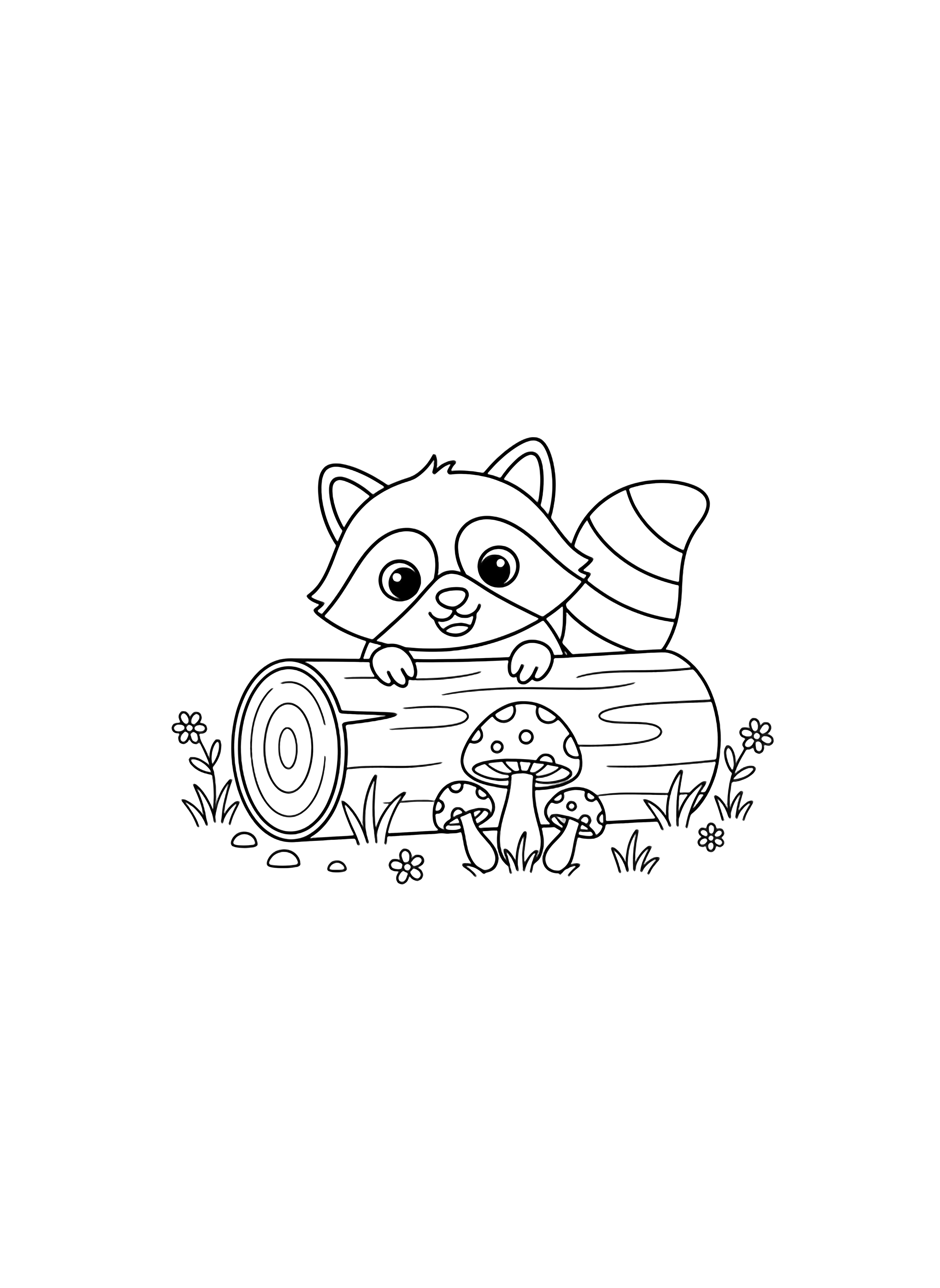 A smiling raccoon peeks from behind a fallen log, its striped tail visible; three mushrooms, grass, and tiny flowers dot the ground. kleurplaat