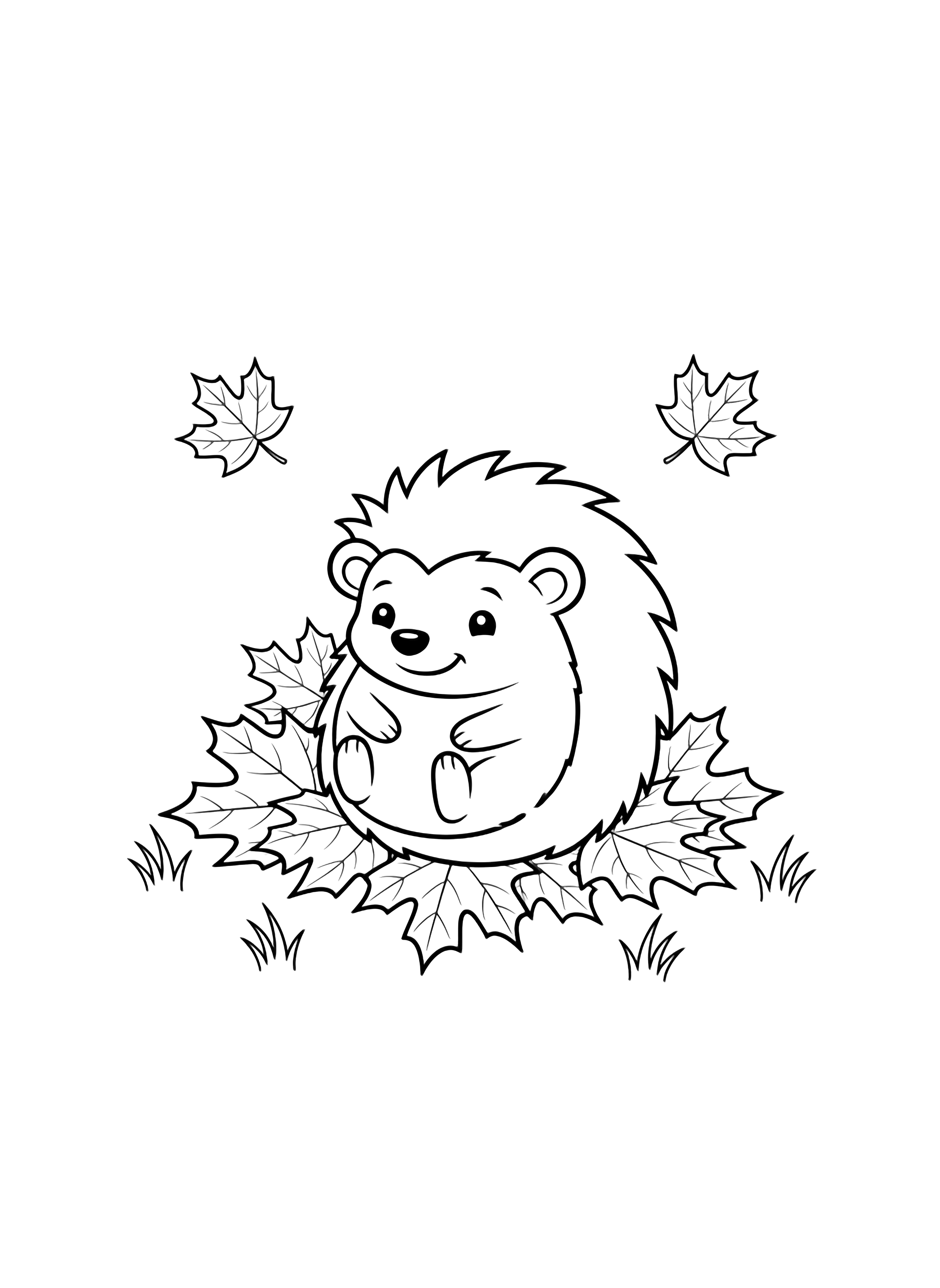 A smiling hedgehog curled amid big maple leaves, with simple grass blades and drifting leaves around it. kleurplaat