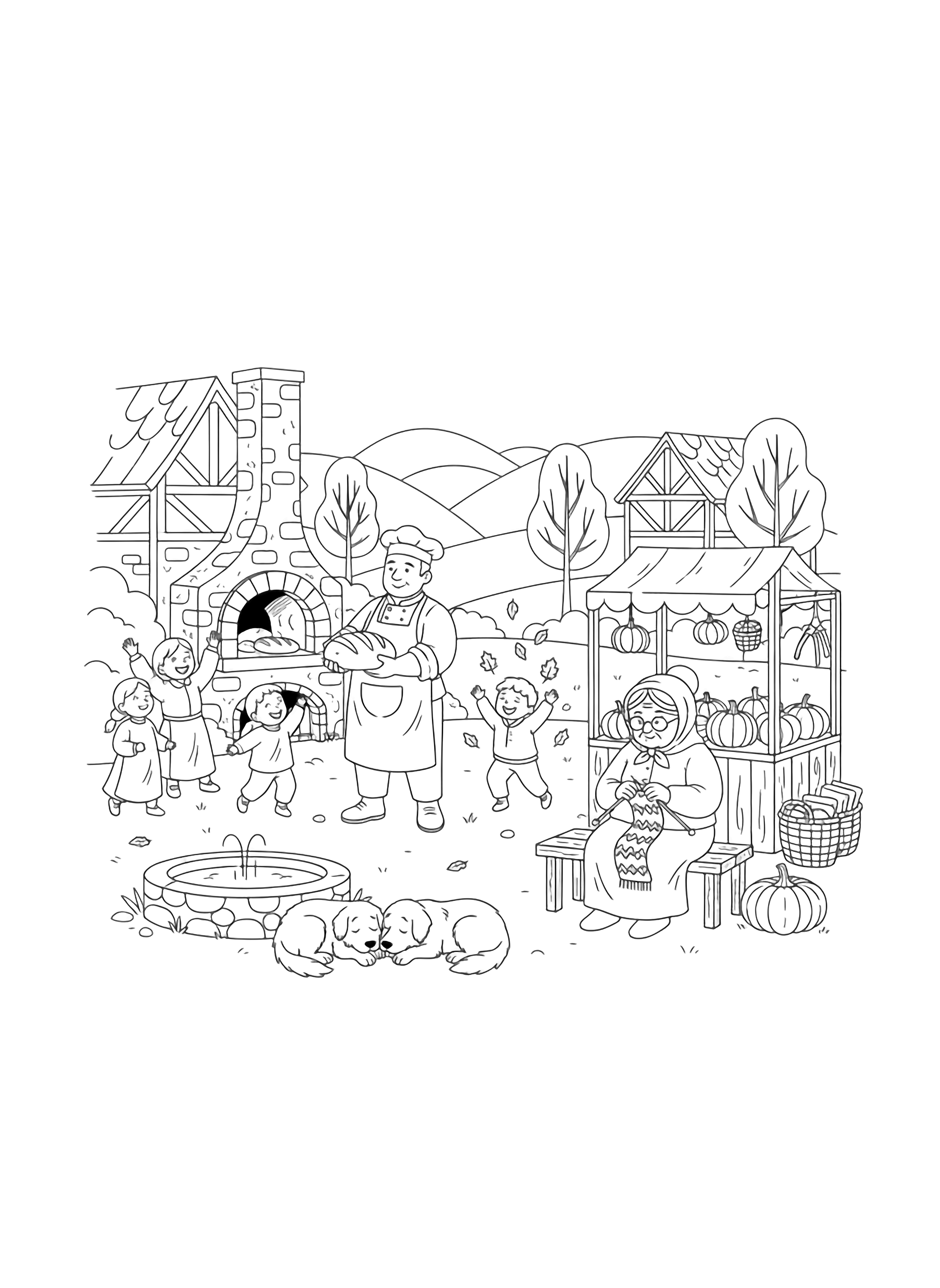 A black and white illustration of cheerful medieval villagers enjoying a cozy autumn day A kindly baker offers fresh bread from his stone oven while children play with fallen leaves A grandmother knits warm scarves as she sits on a wooden bench near a small market stall with pumpkins and woven baskets Friendly dogs nap near the central fountain where clean black and white line drawing minimal shading no colour no fill kleurplaat