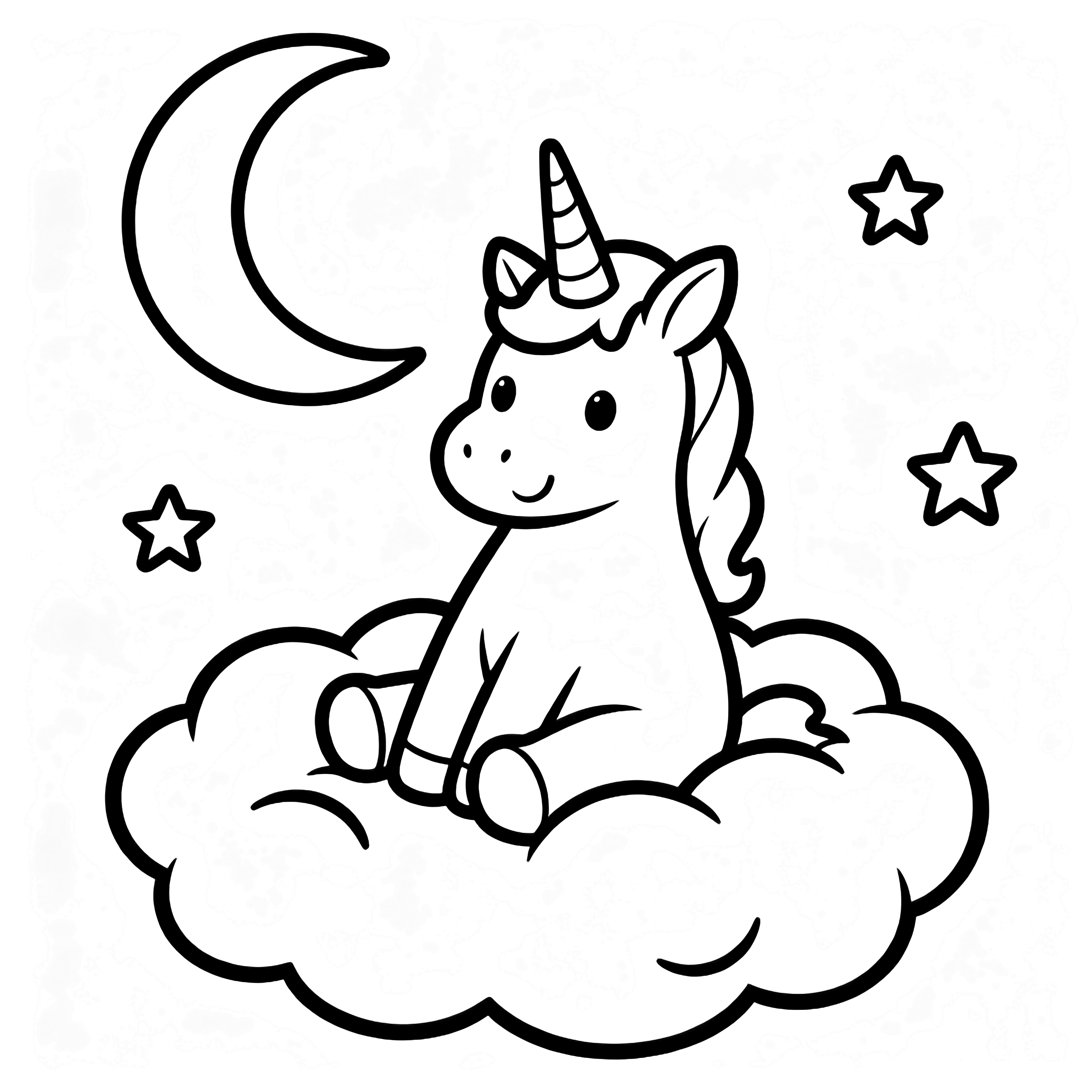 A smiling unicorn sits on fluffy clouds, a crescent moon above, simple stars scattered around. kleurplaat