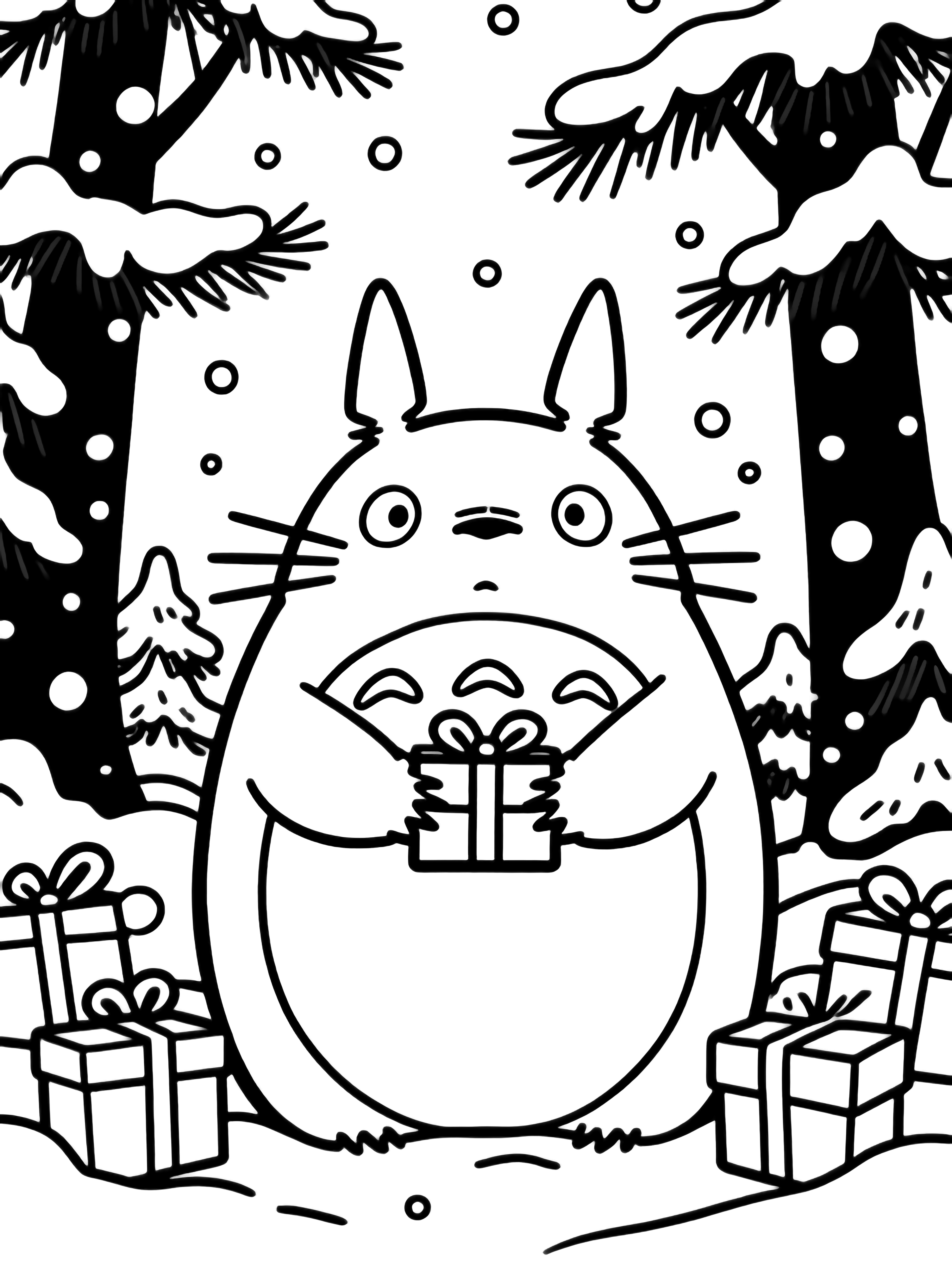 Totoro zit middenin kleine met sneeuw bedekte pijnboompjes terwijl bosgeesten hem omringen met linten omwikkelde doosjes in hun handen, zachte sneeuwvlokjes dwarrelen neer. kleurplaat