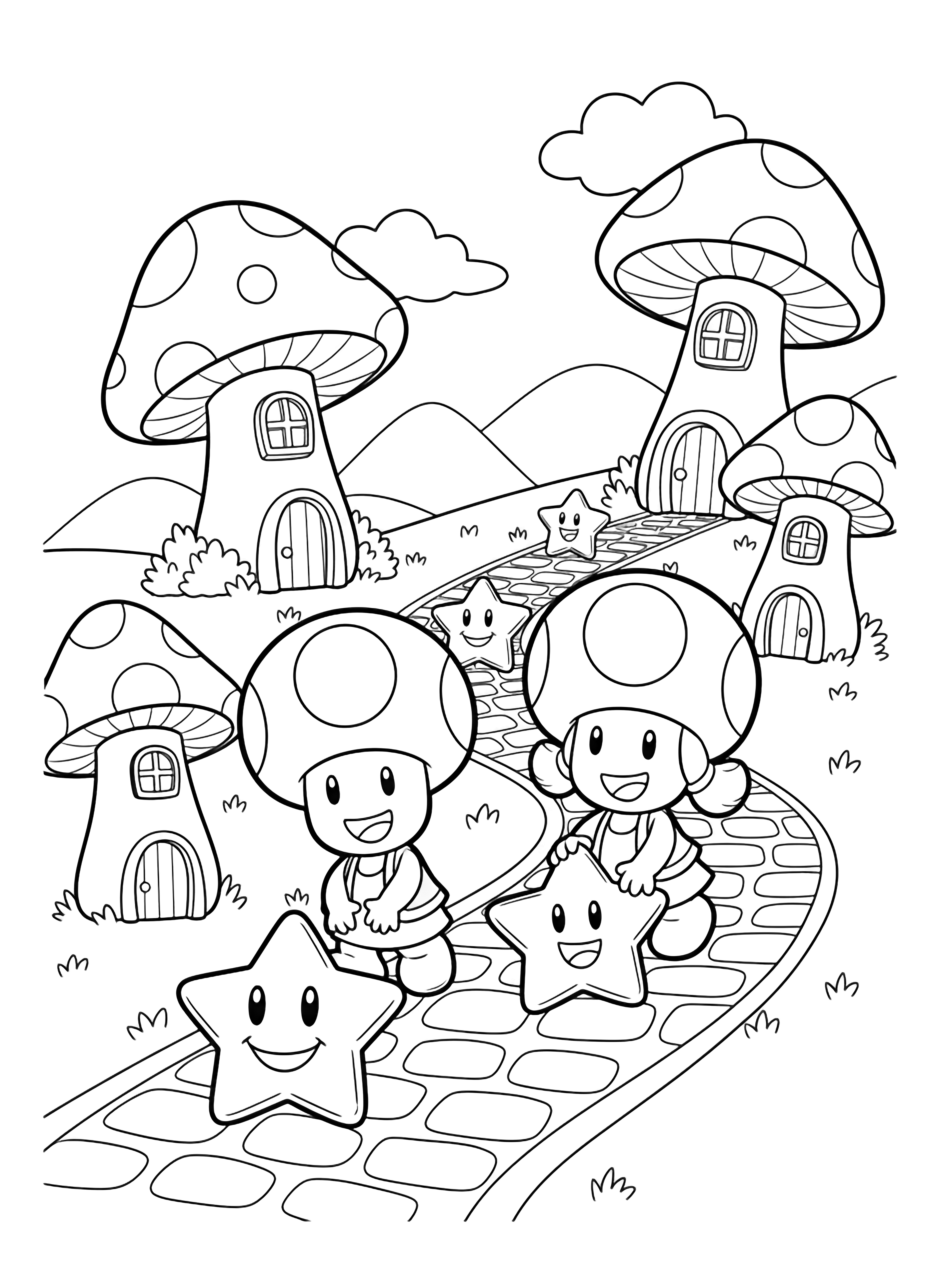 Toad and Toadette smile while collecting large star coins along a winding path between tall mushroom houses, with simple hills and floating clouds around them. kleurplaat