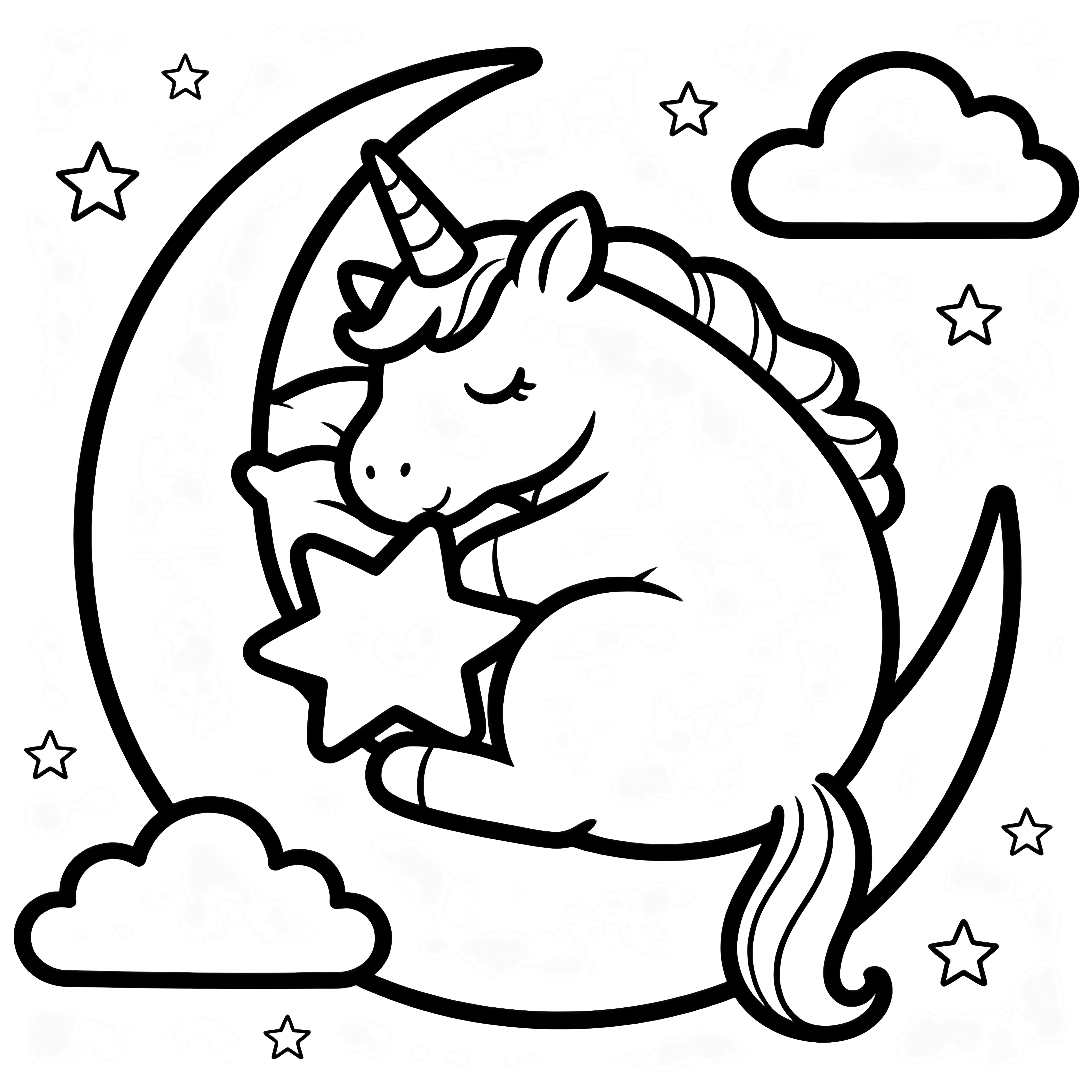 A plump unicorn sleeps curled on a slim crescent moon, hugging a star-shaped pillow; clouds and tiny stars drift nearby. kleurplaat