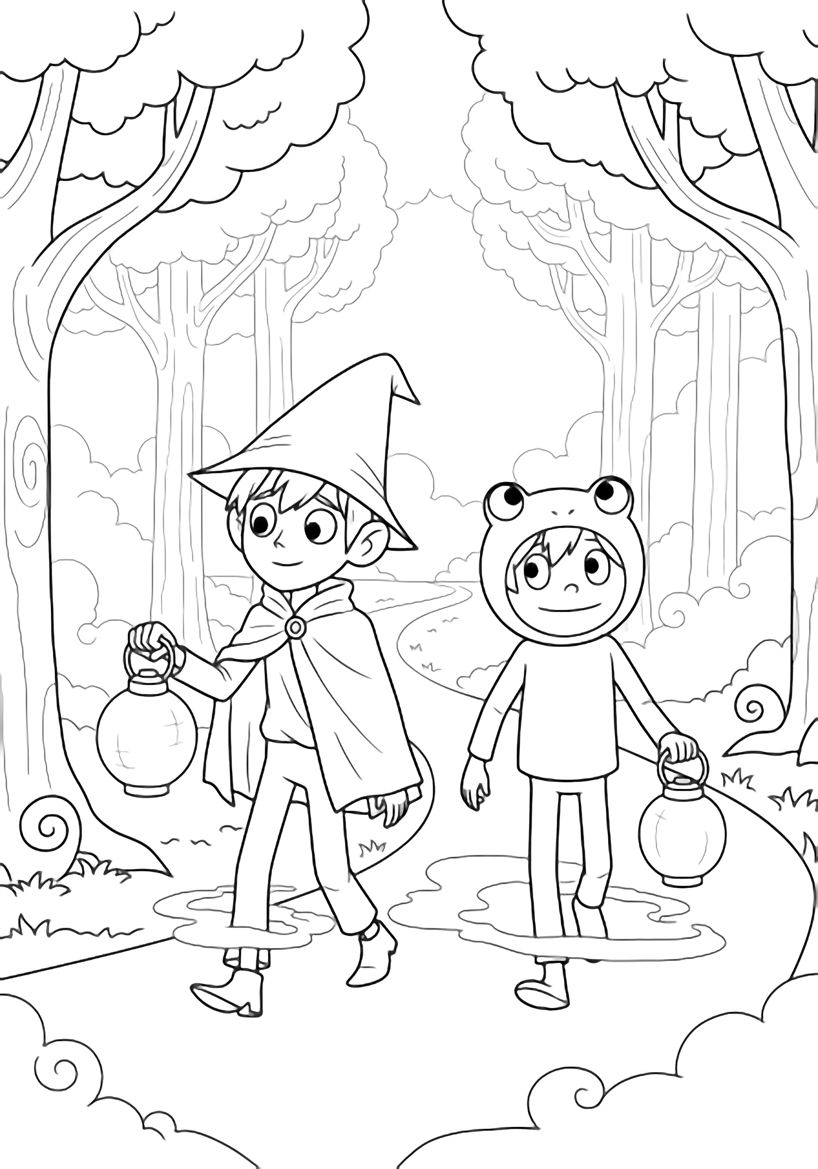 Wirt and Greg walk together on a winding forest path, each carrying a lantern, surrounded by misty tree trunks and drifting fog near their shoes. kleurplaat