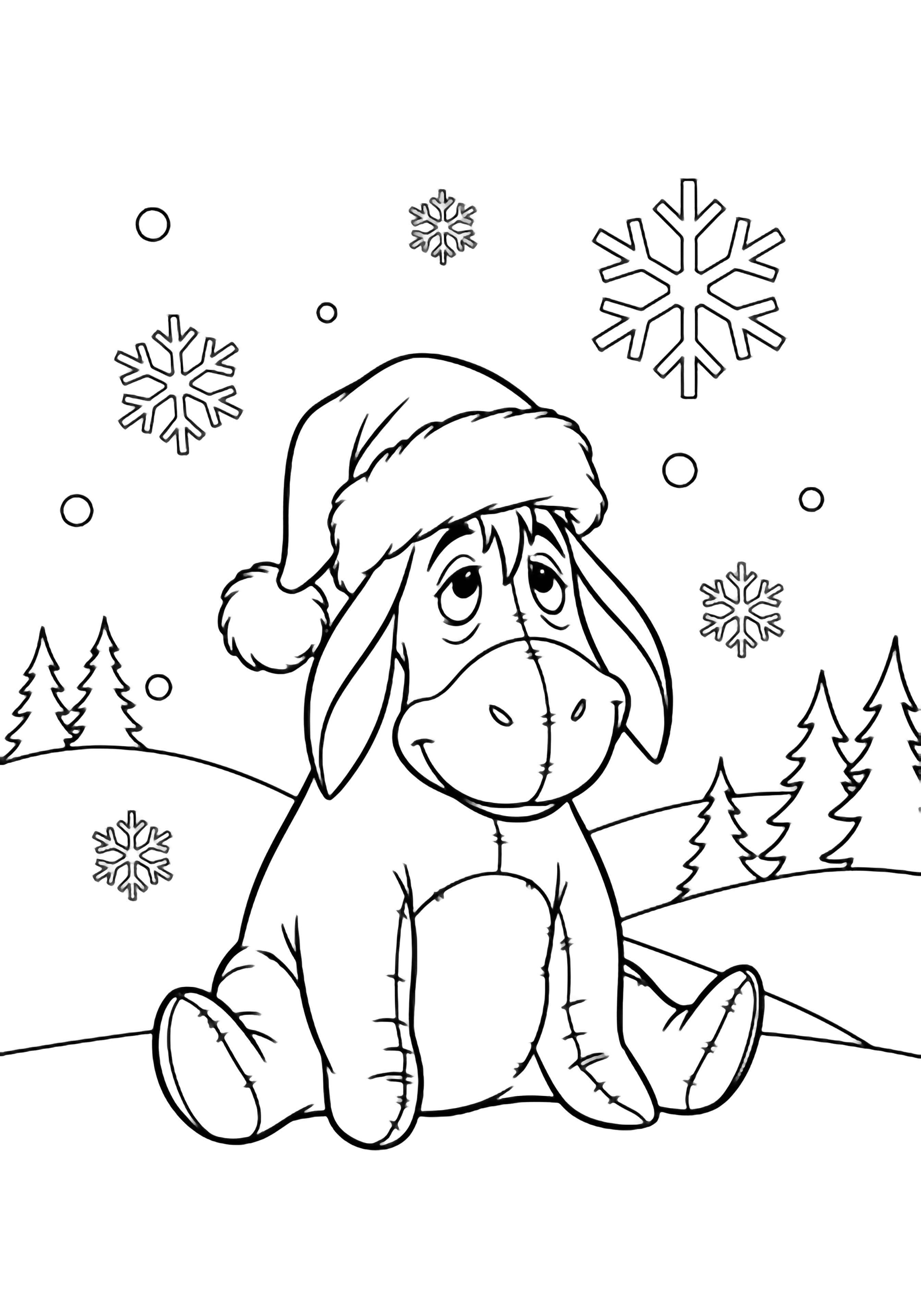 Eeyore met een pluizige kerstmuts op, glimlachend terwijl grote sneeuwvlokken om hem heen dwarrelen, met afgeronde heuvels en eenvoudige dennenbomen op de achtergrond. kleurplaat