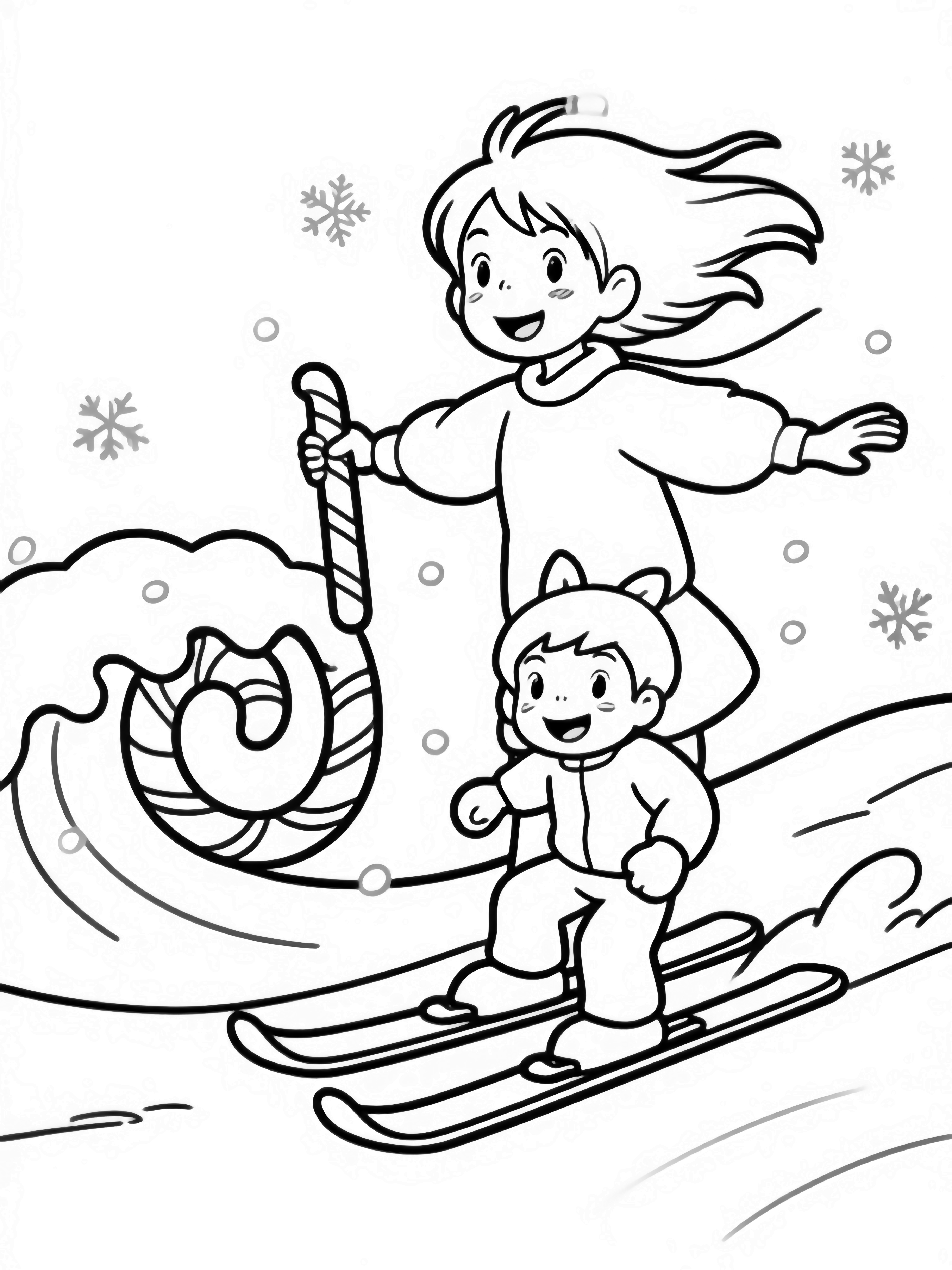 Ponyo stands on a curling candy-cane wave, arms wide, hair flying; Sosuke skis beside her on soft snow, both smiling as simple snowflakes drift. kleurplaat