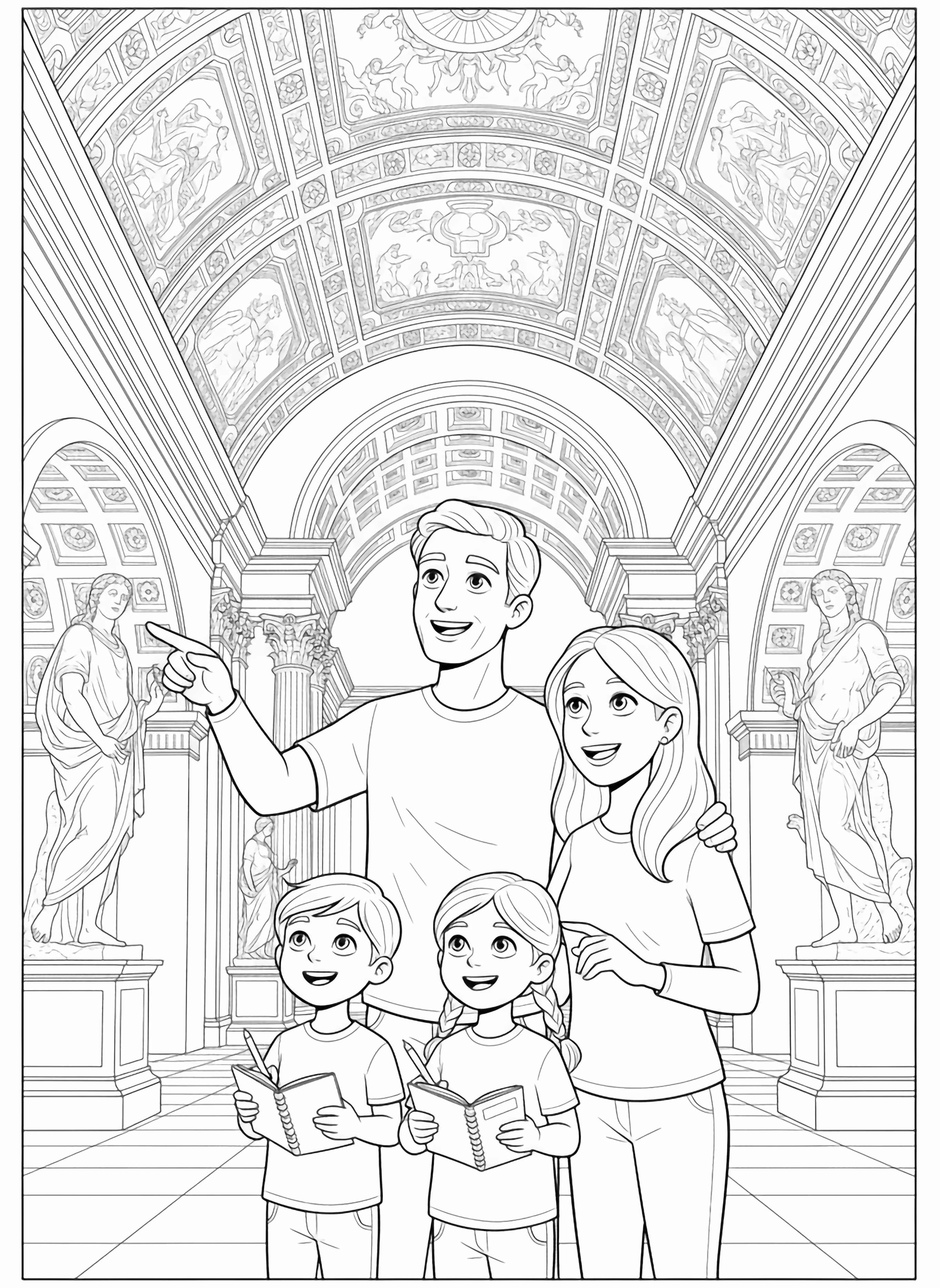 A black and white page showing two cheerful children with their parents exploring the Vatican Museums The children wide eyed with wonder hold small sketchbooks while gazing up at magnificent marble statues and intricate ceiling frescoes The parents smile warmly pointing out interesting details in the artwork Simple architectural elements like rounded arches and clean black and white line drawing minimal shading no colour no fill kleurplaat