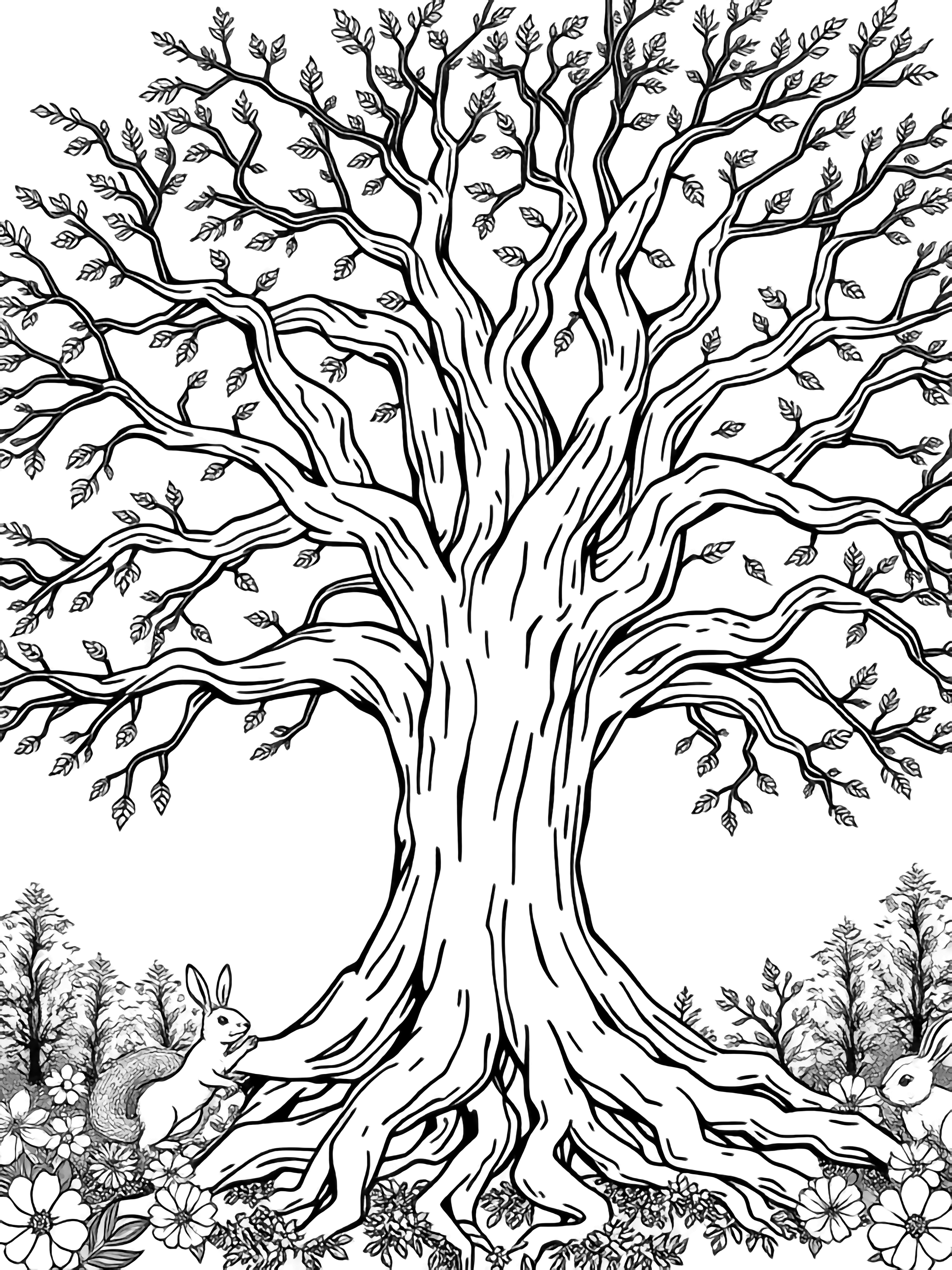 A massive oak with wide-spreading branches; squirrels chase across them while rabbits hop around its gnarled roots. kleurplaat