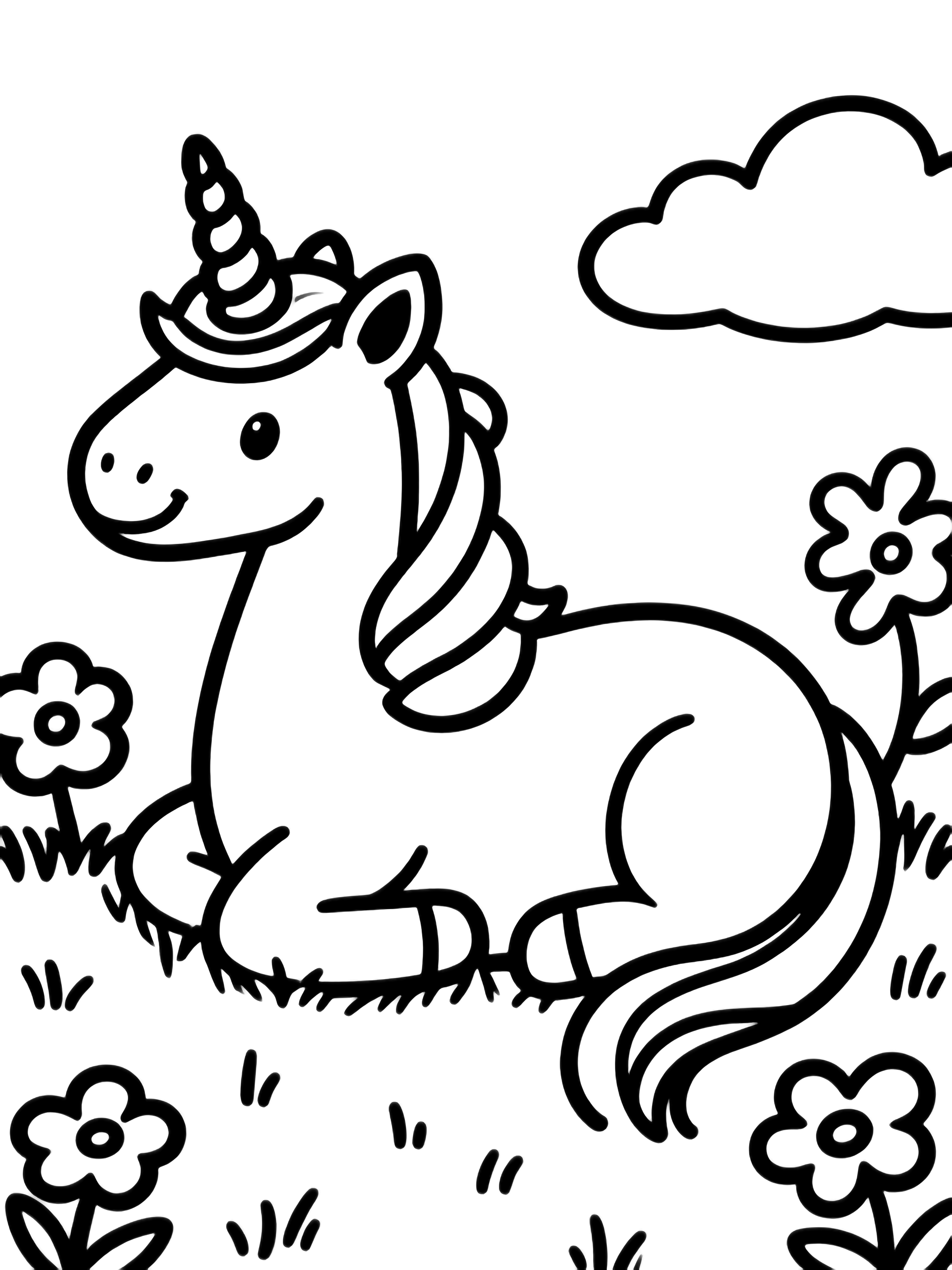 A smiling unicorn curled on grass, horn forward, tail arced, with clouds and flowers around. kleurplaat
