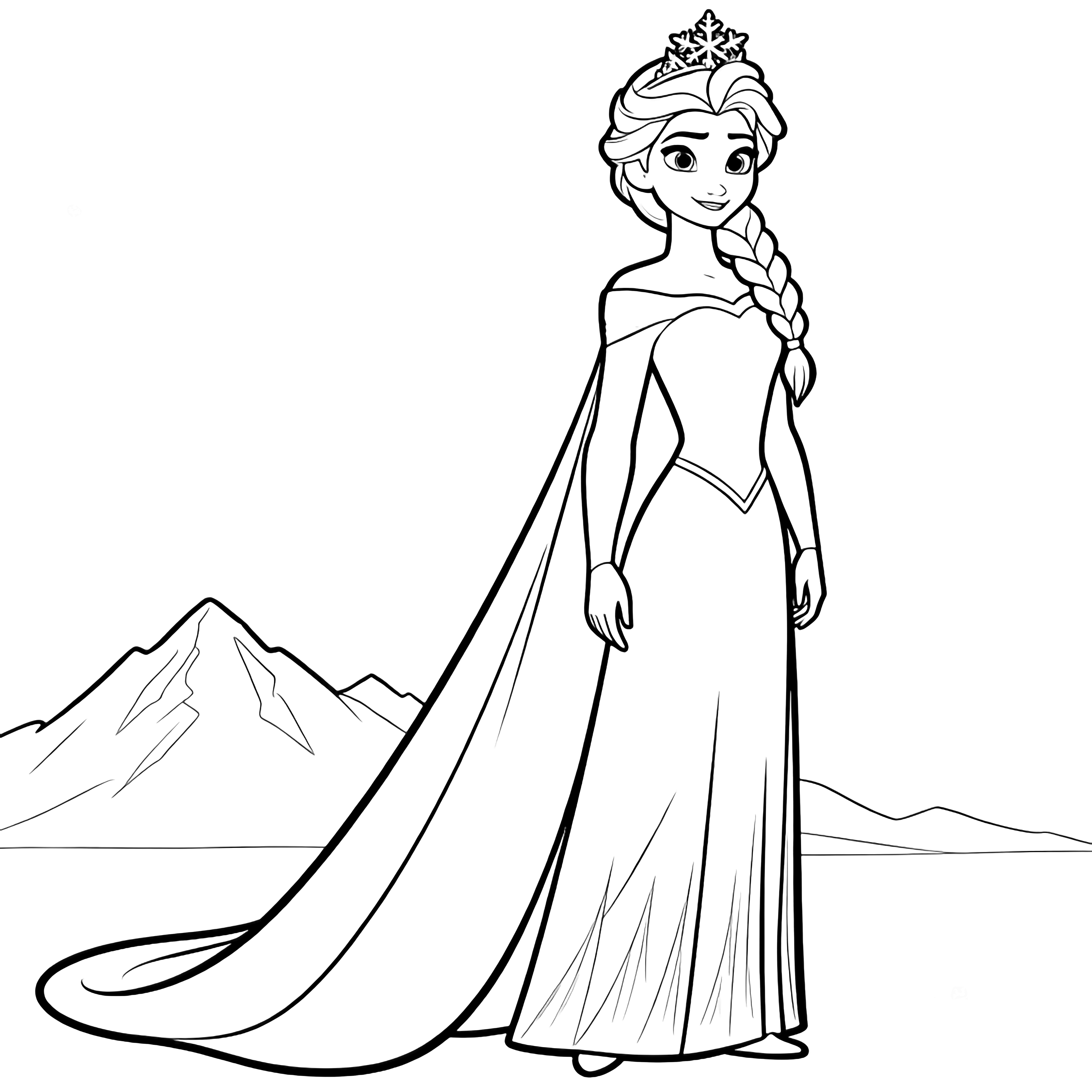 Elsa stands tall, braid over shoulder, long cape flowing, snowflake tiara, distant mountain outline. kleurplaat