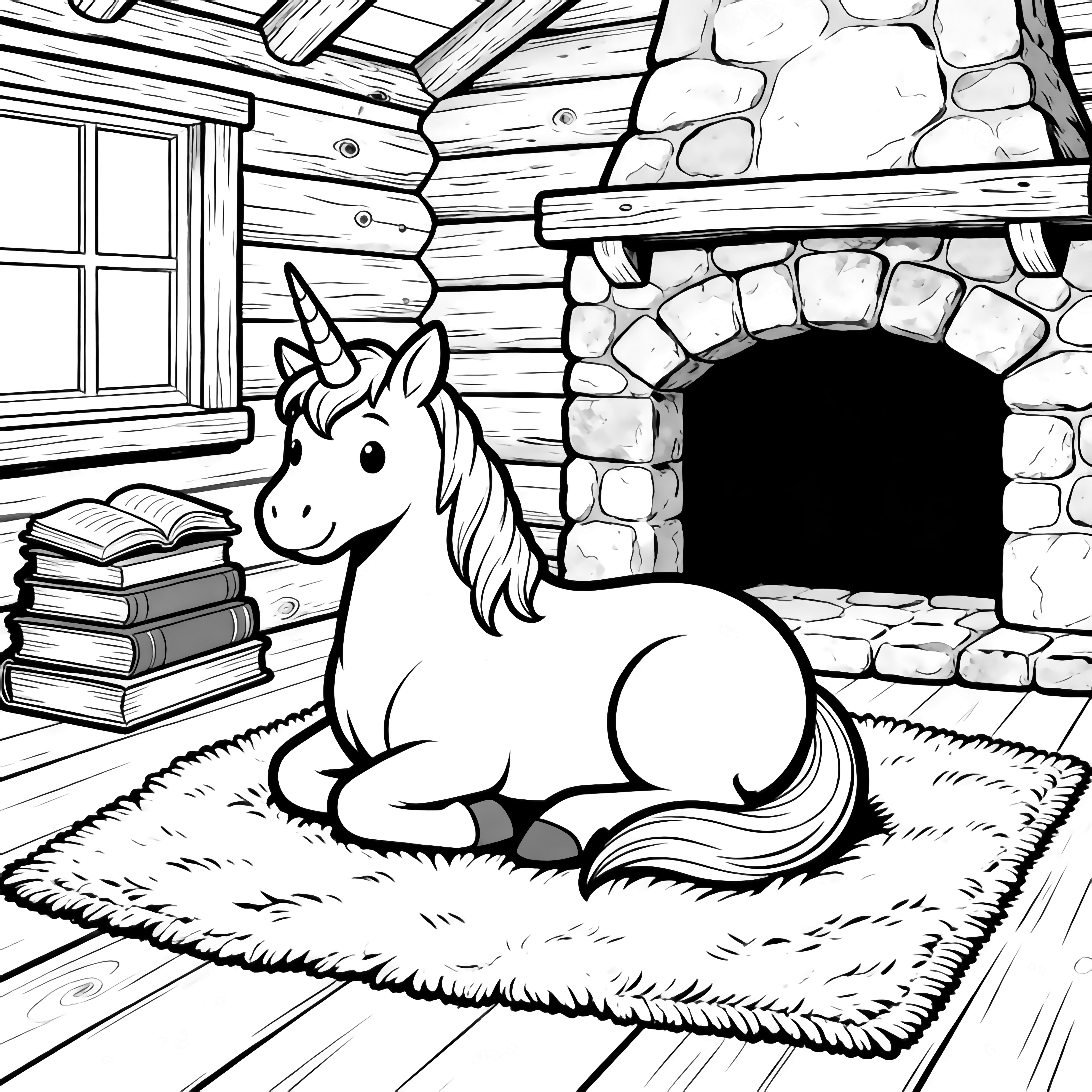 A smiling unicorn curled on a thick rug in a log cabin, empty stone fireplace behind, stacked open books beside wooden beams and window frame. kleurplaat