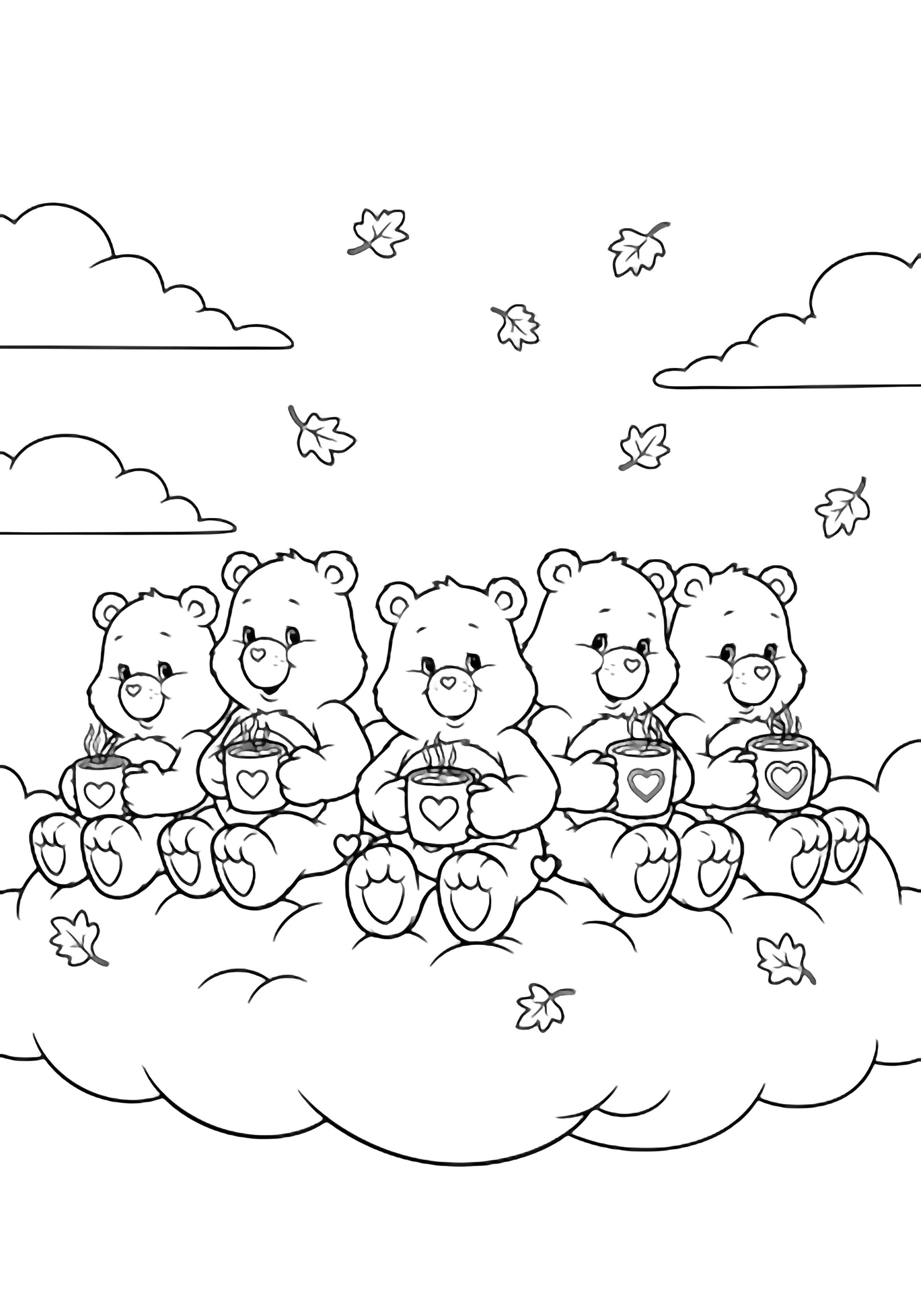 Five Care Bears sit on a fluffy cloud, each holding a cocoa mug while star-shaped leaves drift around them in the sky. kleurplaat