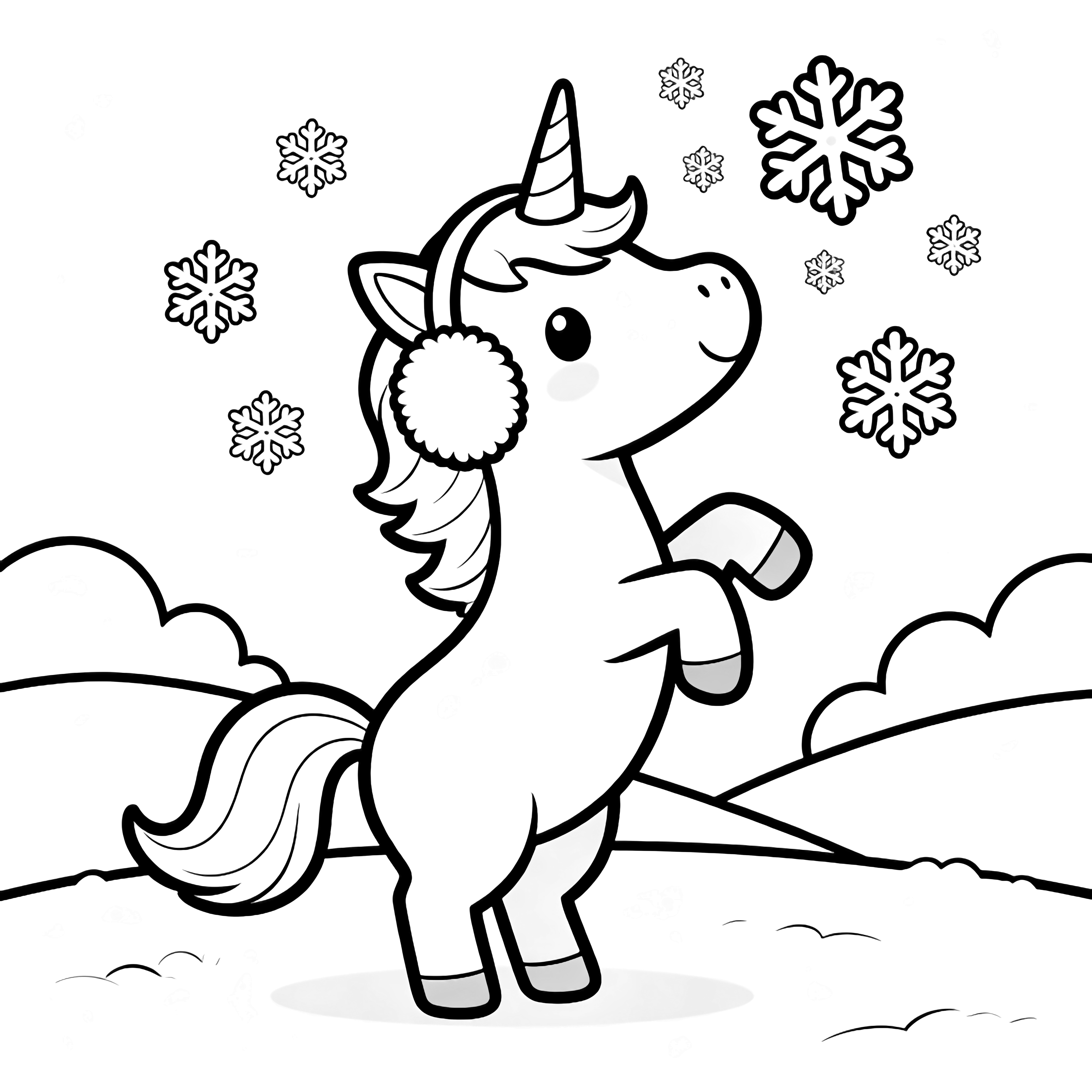 A kawaii unicorn wearing big earmuffs stands on hind legs, snout lifted, as oversized snowflakes drift around its mane, with simple hills and clouds behind. kleurplaat