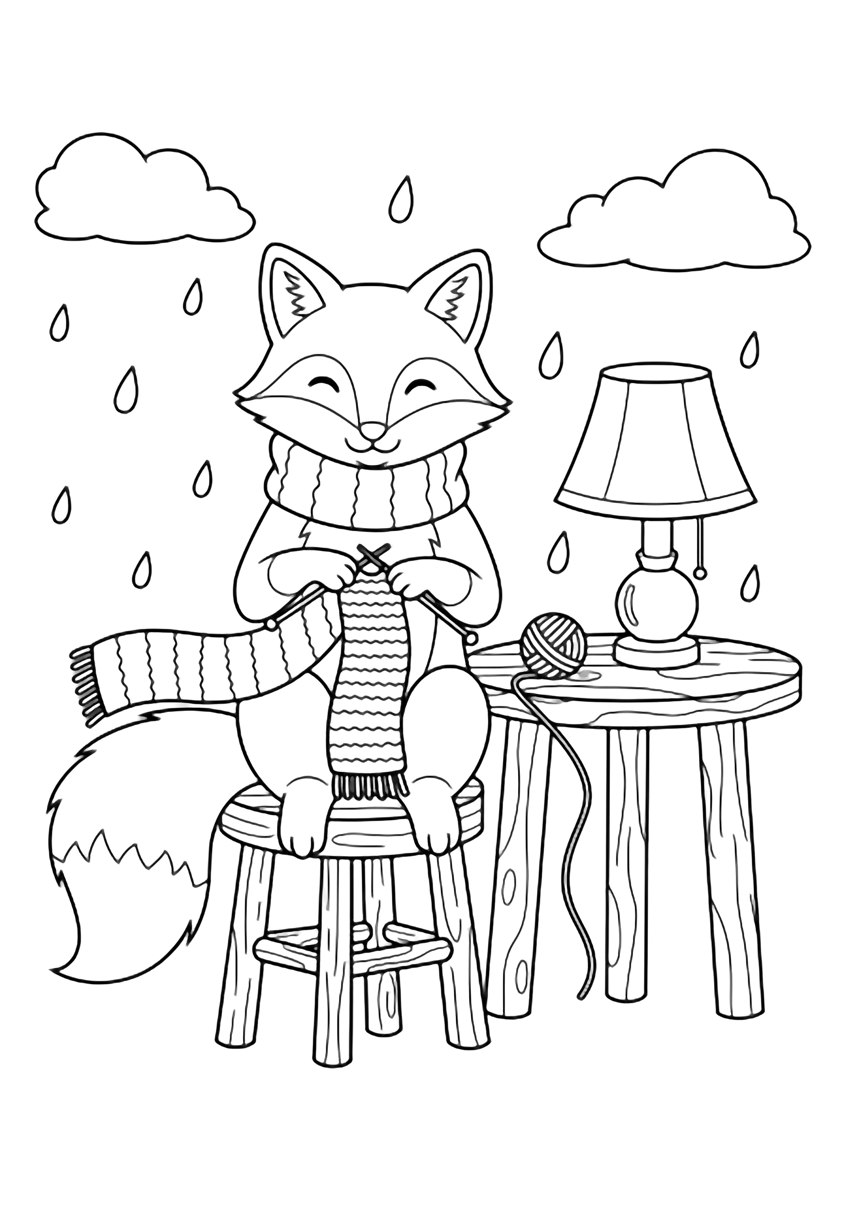 A cheerful fox on a stool knits a scarf; its tail wraps a table with a lamp, framed by clouds and raindrops. kleurplaat