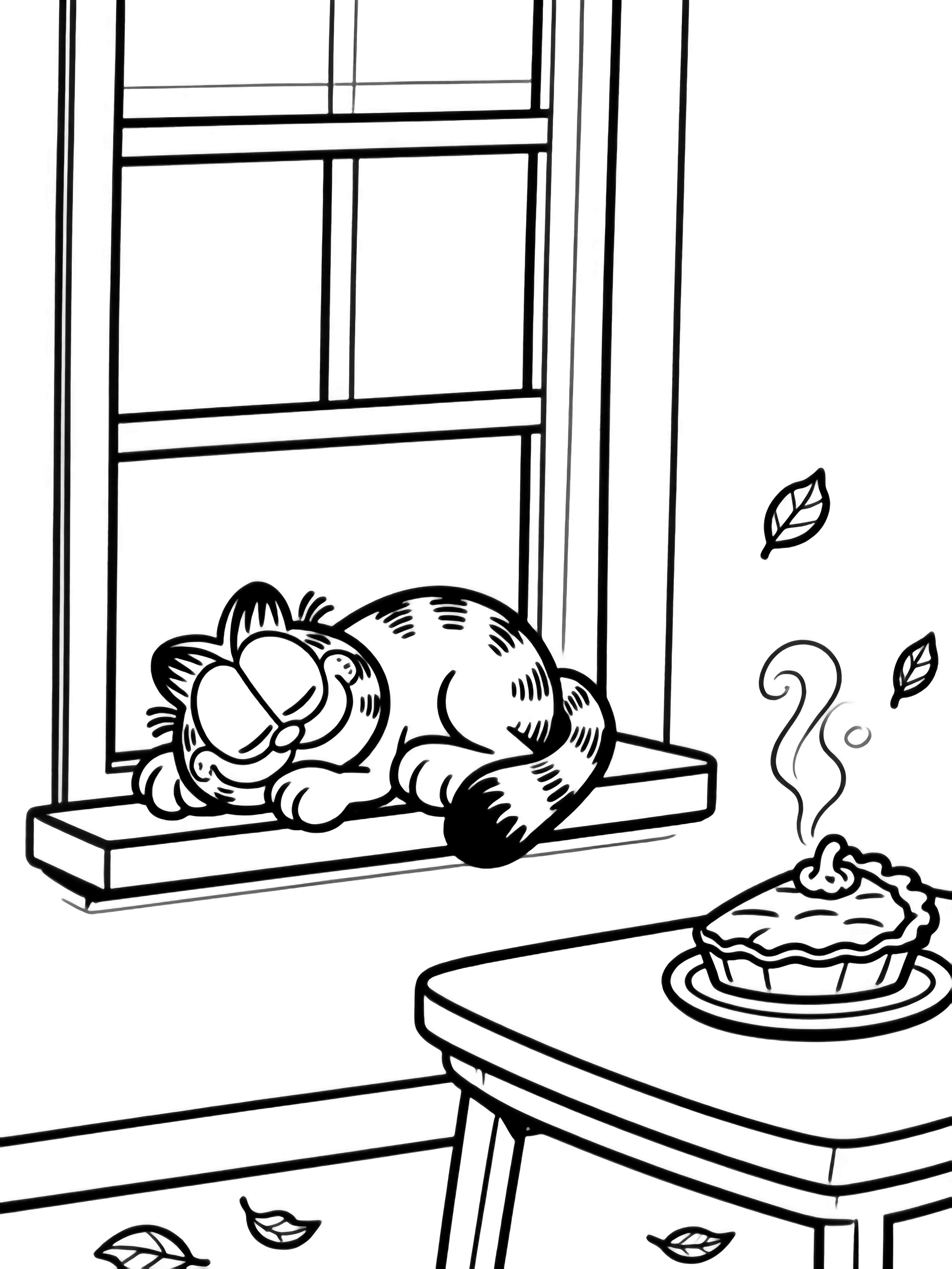 Garfield die een dutje doet op een smalle vensterbank, poten bungelend; onder hem een dampende pompoentaart op een klein tafeltje, stijgend stoom, kleine blaadjes die voorbij dwarrelen. kleurplaat