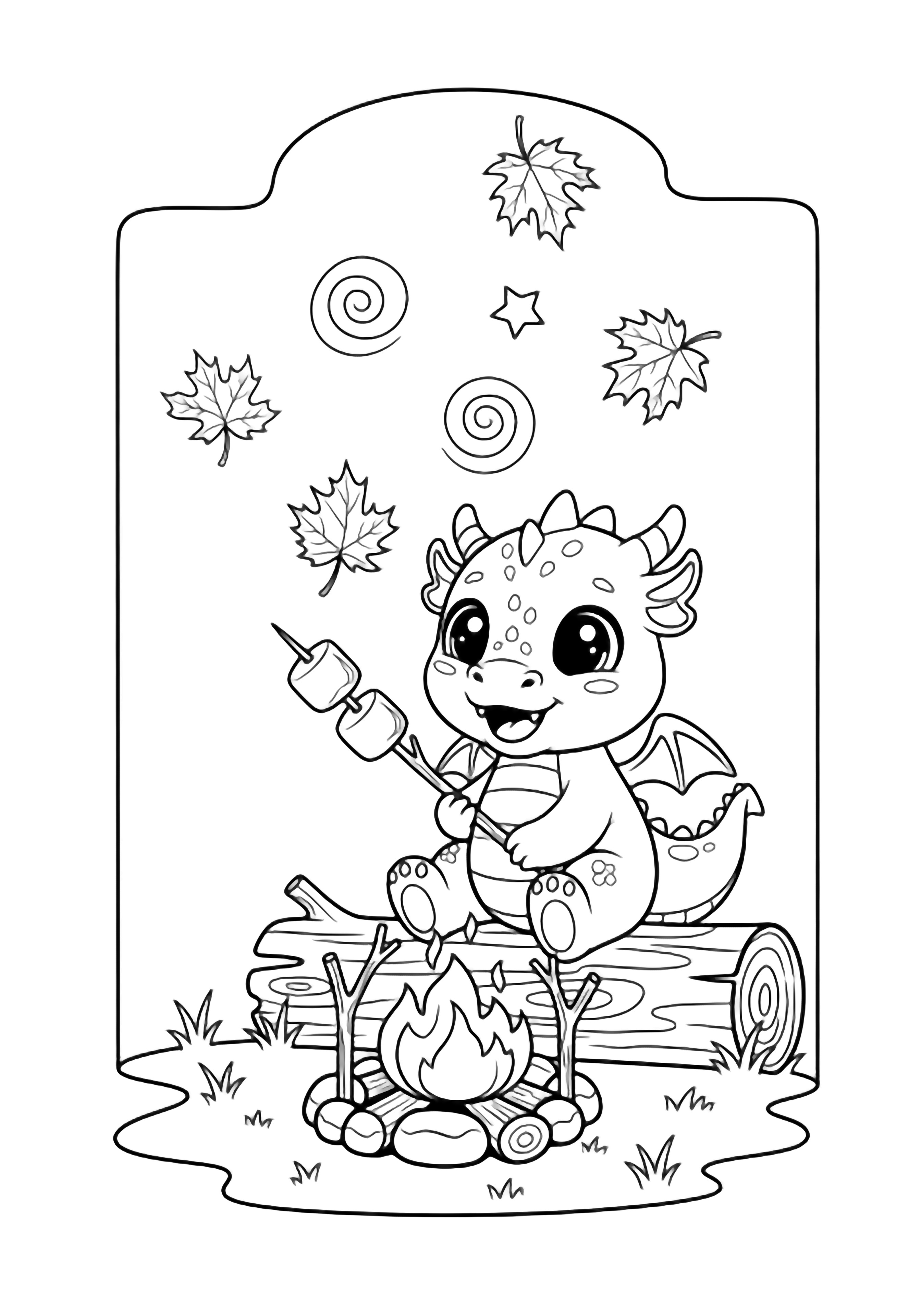 A kawaii baby dragon on a log roasts marshmallows over a small campfire while five swirling maple leaves drift above and a tiny star twinkles nearby. kleurplaat