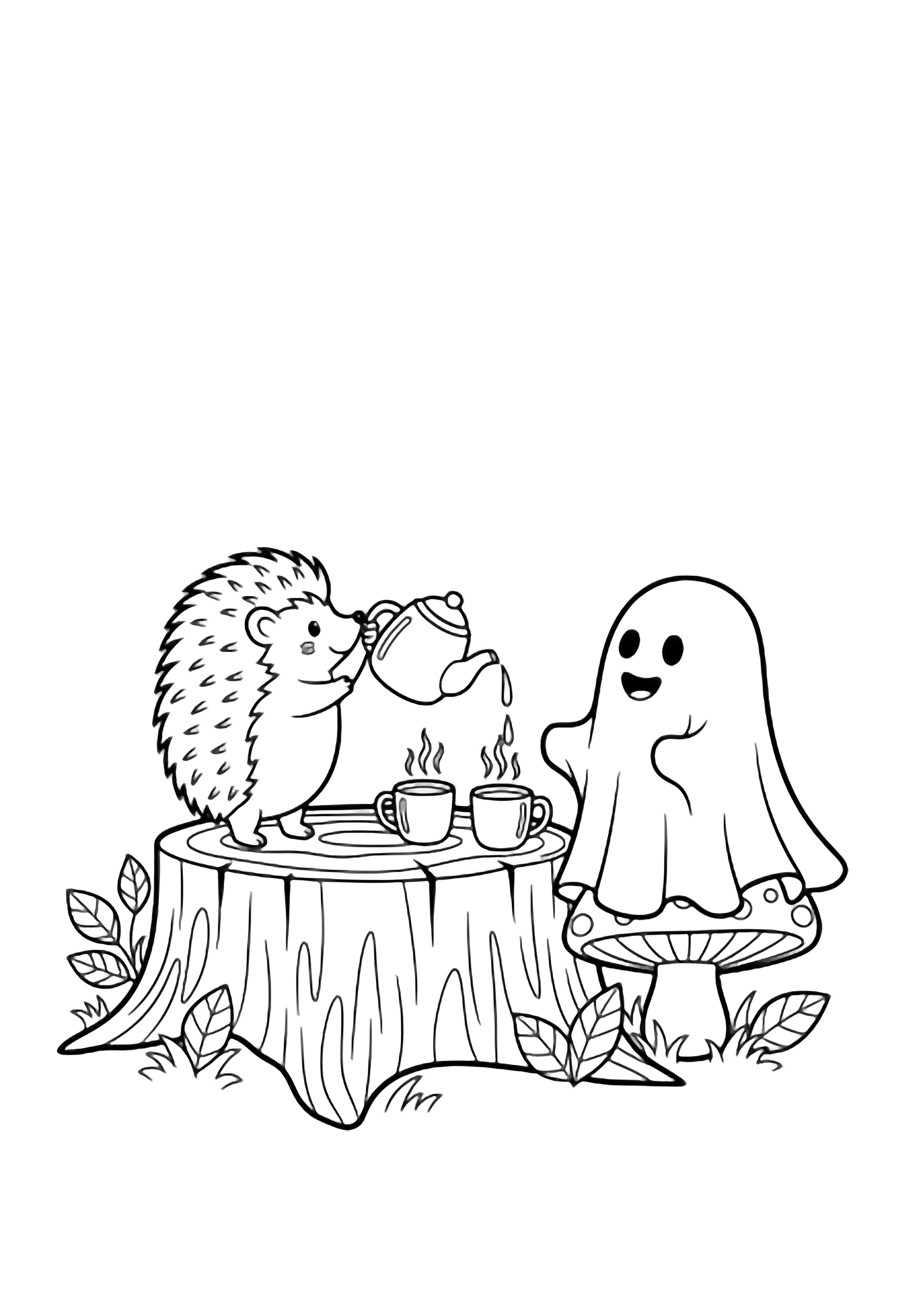 Tiny hedgehog pouring tea for a smiling ghost on a toadstool, steaming mugs and autumn leaves around a tree-stump table in a cozy forest caf. kleurplaat